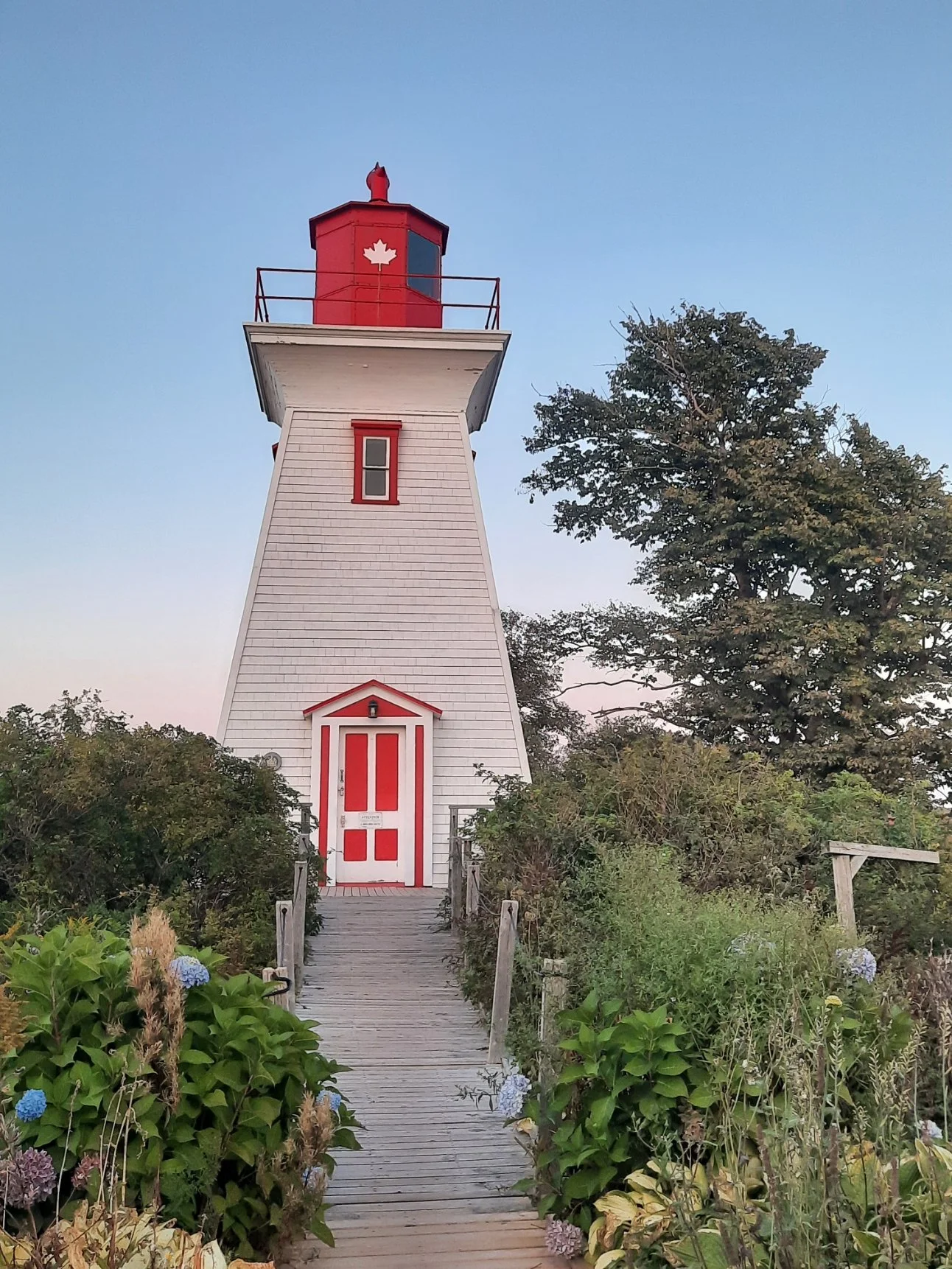 A white lighthouse with red accents, standing on a grassy area with bushes and plants. A wooden pathway leads to the lighthouse door, surrounded by greenery and flowers. The sky is clear and blue in PEI