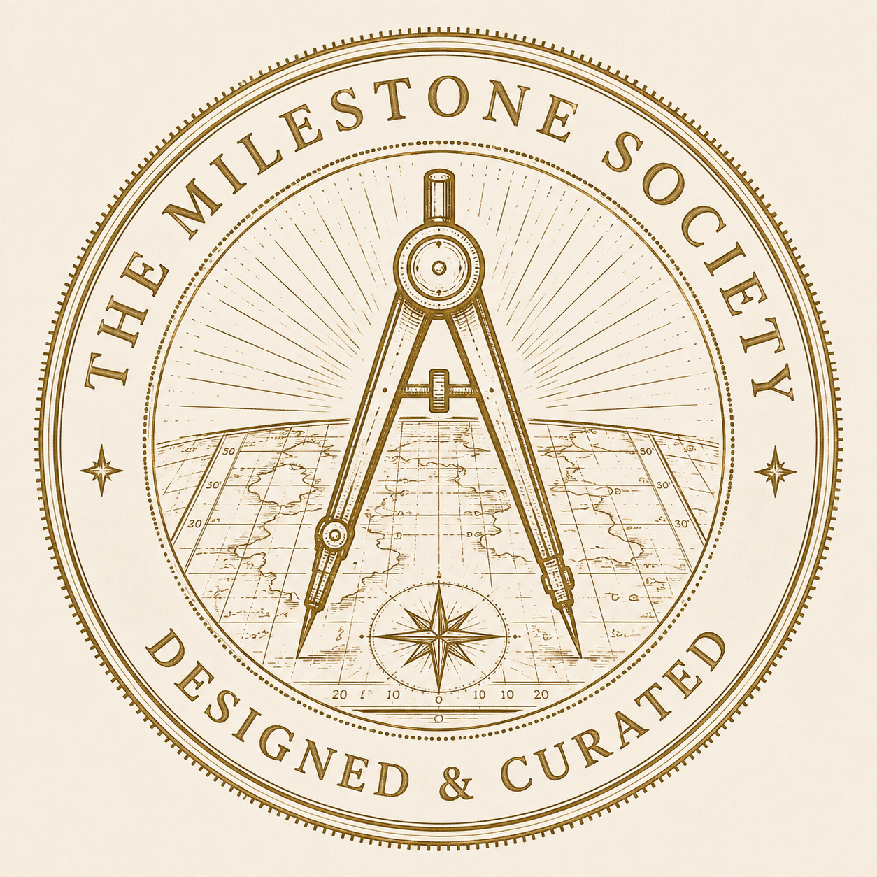 Seal featuring a compass, a world map, and a star, with the words 'The Mile Stone Society' and 'Designed & Curated'.