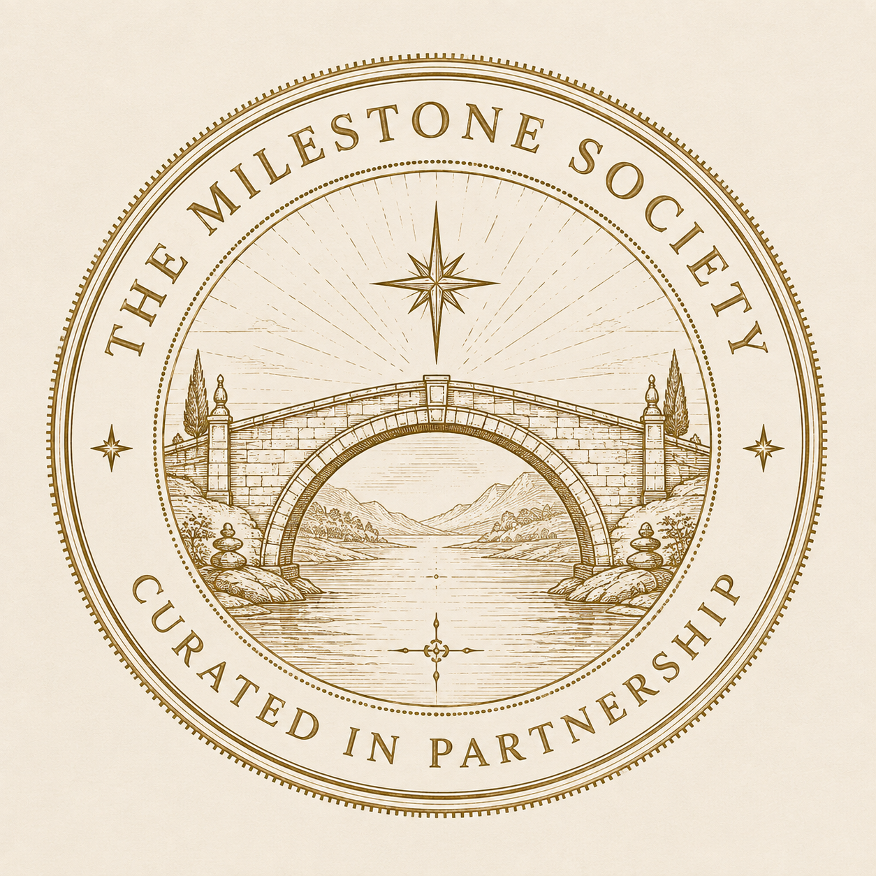 Illustration of a bridge over a river with mountains in the background, surrounded by a circular border with the text 'The Milestone Society' and 'Curated in Partnership'.