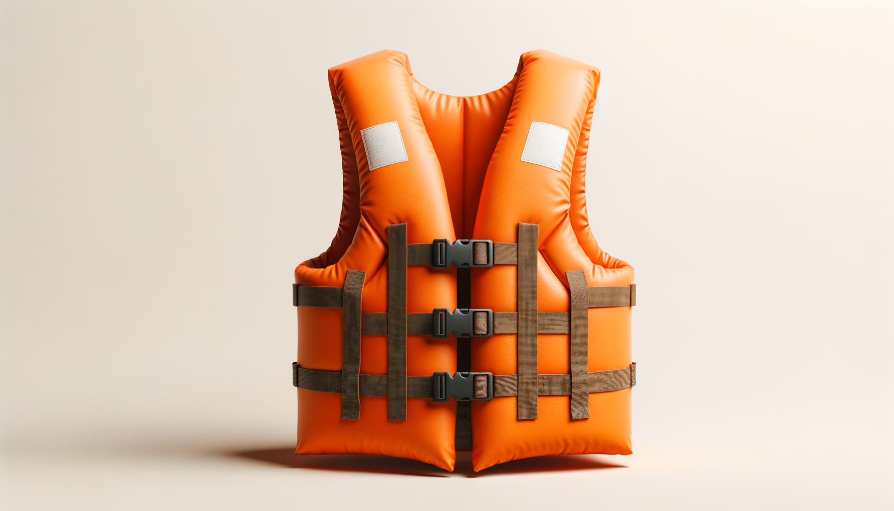 An orange life vest with black straps and buckles hanging on a plain, light-colored background.