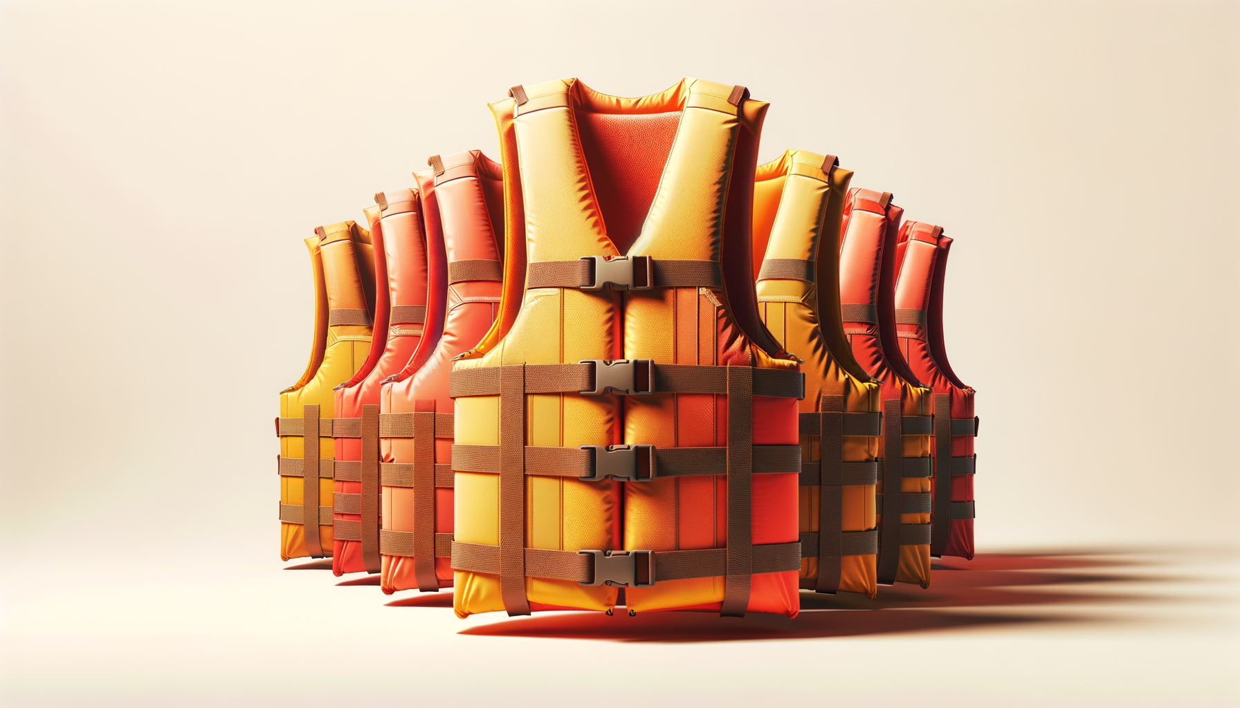 A row of orange and yellow life jackets stacked on top of each other, with some black straps and buckles visible.