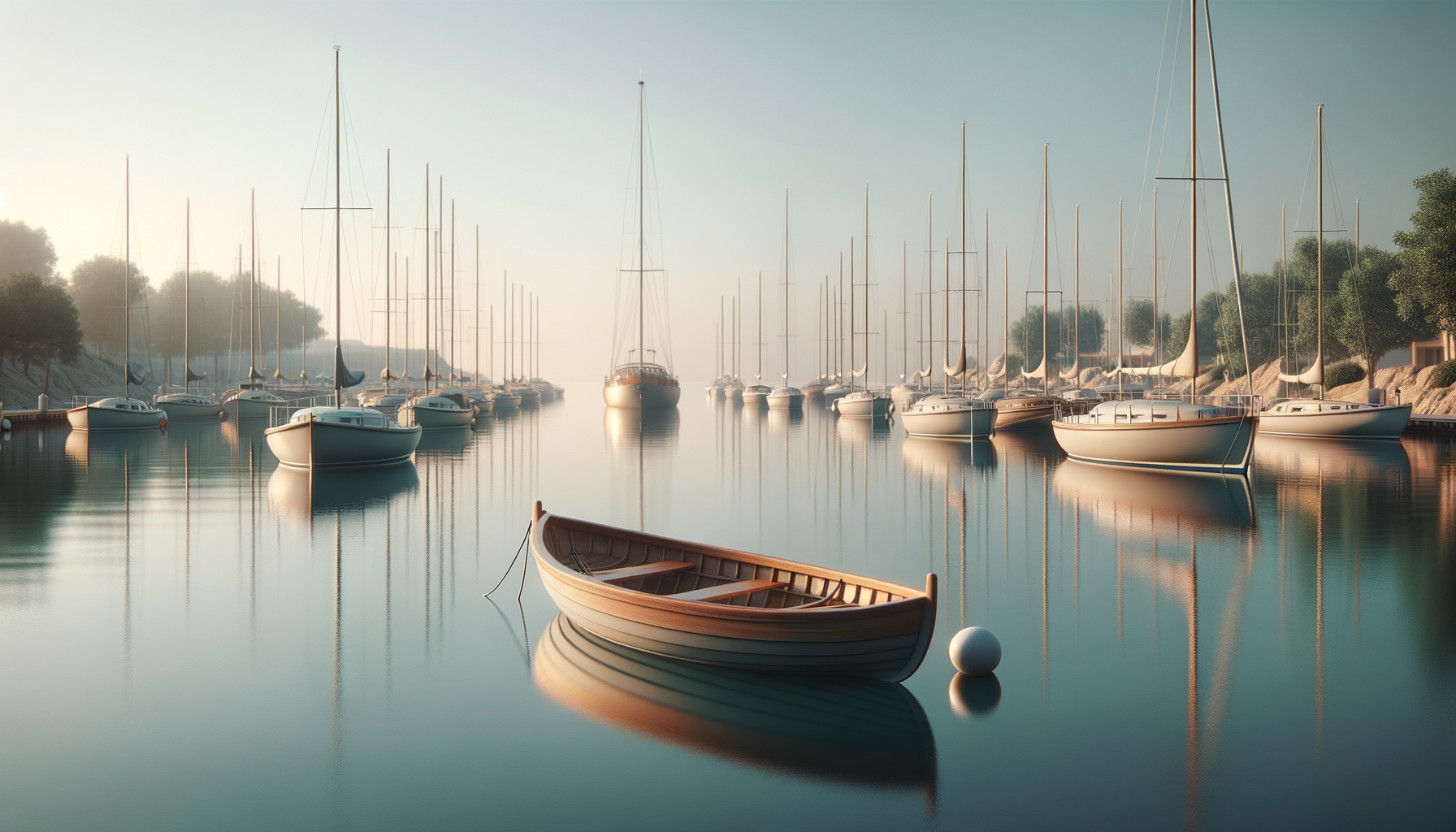 Calm marina scene with multiple sailboats docked, a small wooden rowboat in the foreground, and trees on the shoreline, under a misty sky.