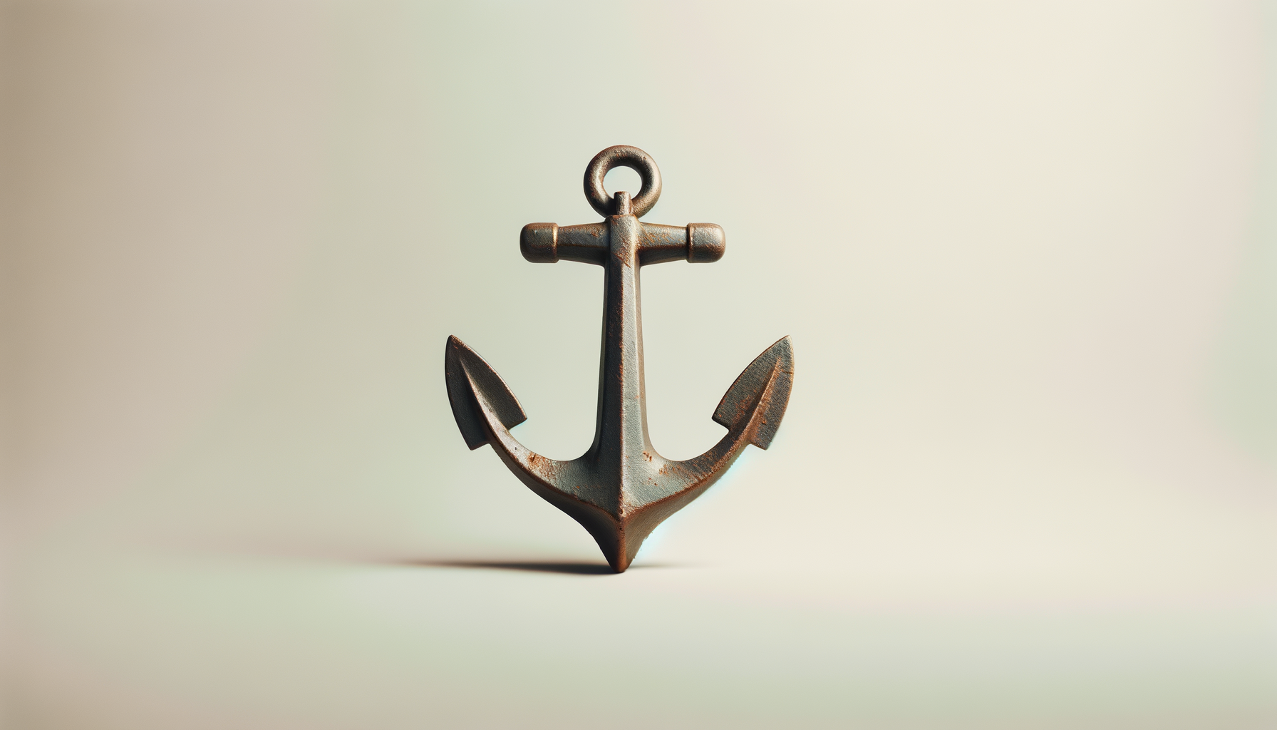 A rustic metal anchor with a shadow cast on a neutral background.