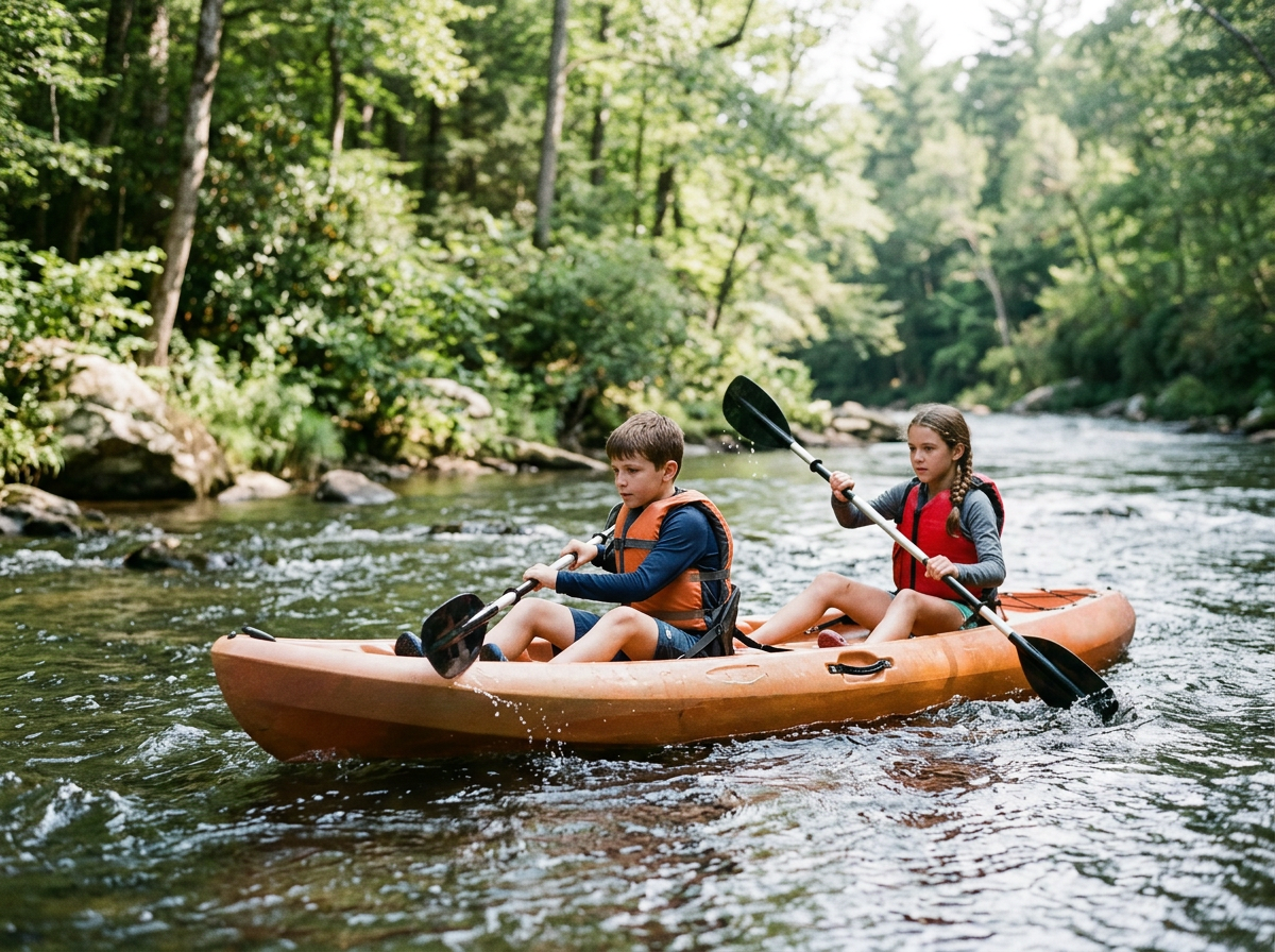 Deux enfants pagayant dans un kayak sur une rivière entourée d'arbres verdoyants.
