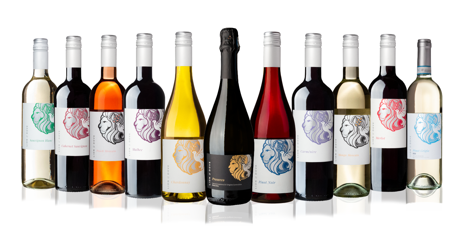 A row of ten wine bottles of various colors and labels, including Sauvignon Blanc, Cabernet Sauvignon, Peach Moscato, Malbec, Chardonnay, Prosecco, Pinot Noir, Carmenère, Mango Moscato, Merlot, and Pinot Grigio, displayed against a white background.