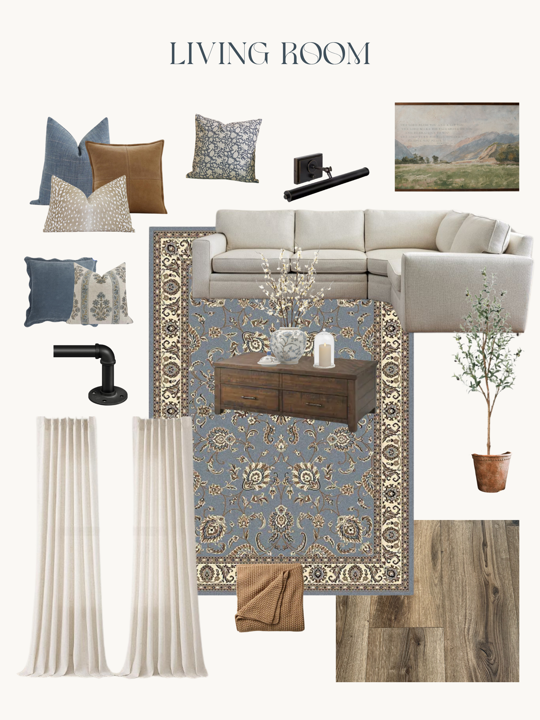 Living room decor mood board featuring blue, beige, and neutral accents, a beige sectional sofa, decorative pillows, a wooden coffee table, a patterned area rug, off-white curtains, a potted plant, wall art, and black lighting fixtures.