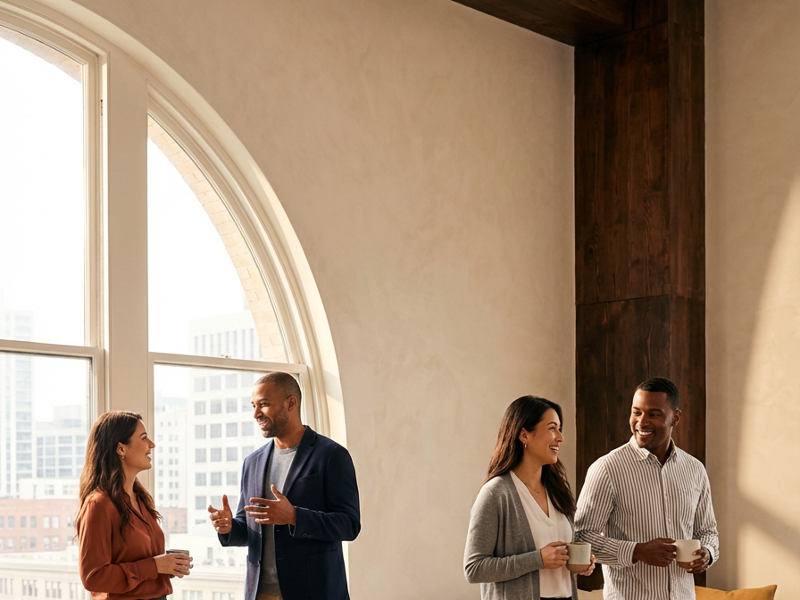 Four diverse adults smiling and chatting in a bright room with large arched windows, holding coffee cups.