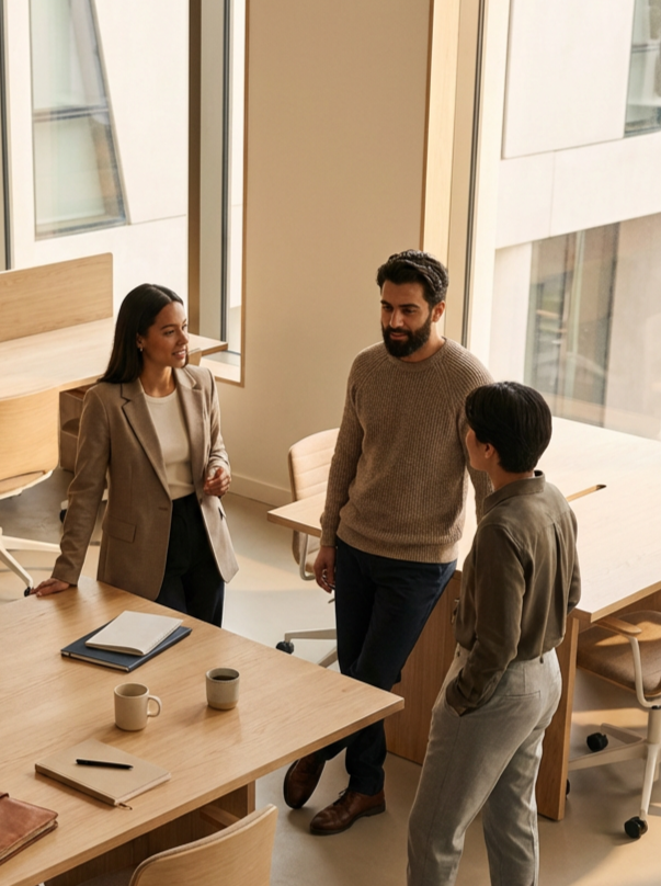 Three office workers having a casual conversation in a modern workspace with large windows and wooden furniture.