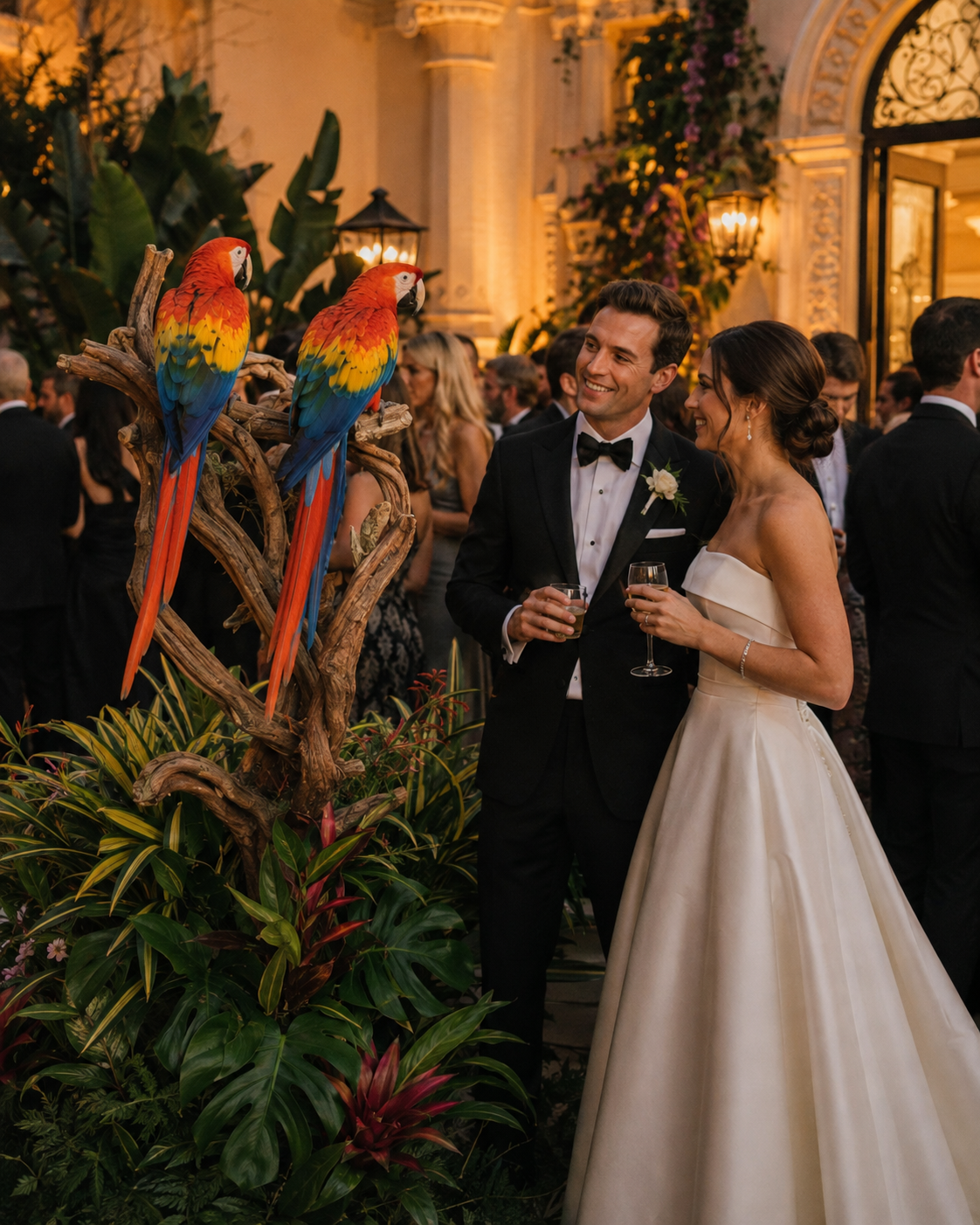 A bride and groom at a wedding reception, smiling and holding drinks, standing near a decorative tree with two colorful parrots, inside an elegant venue with warm lighting and many guests in the background.