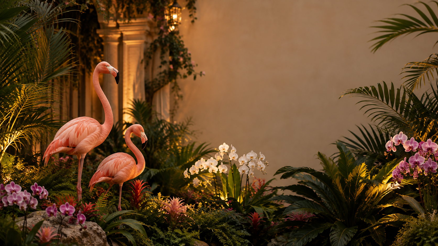 Two pink flamingos standing among tropical plants, orchids, and lush greenery in an indoor garden or conservatory with warm lighting.