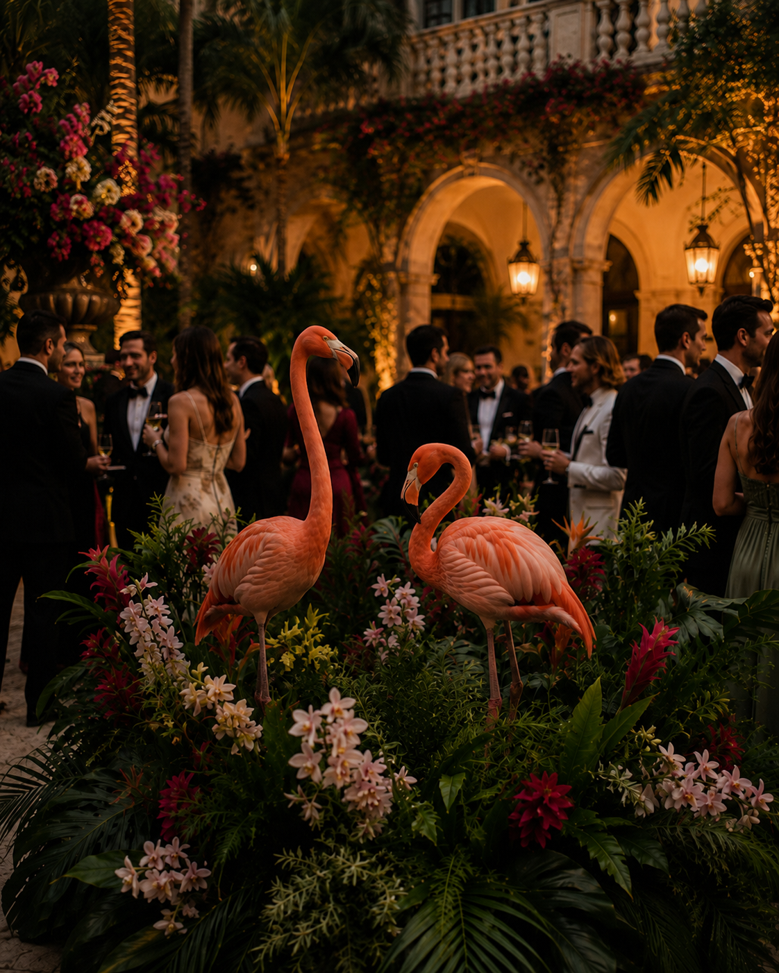 Elegant outdoor evening event with guests in formal attire, surrounded by tropical plants and two flamingos in the foreground, under warm lighting and arches.