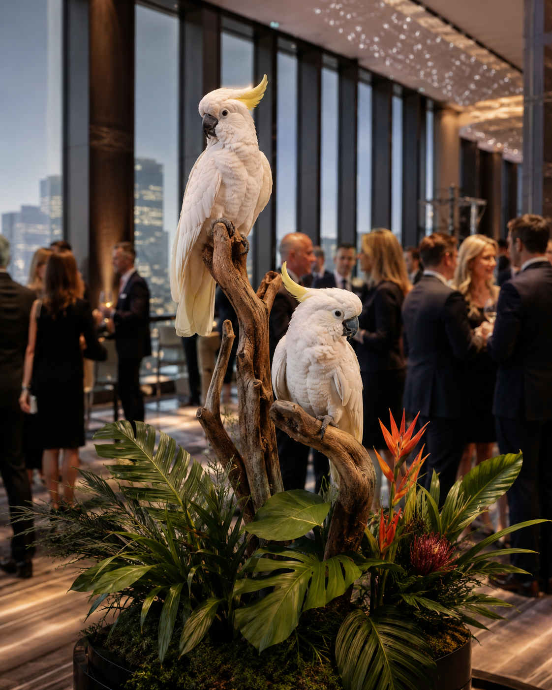 Two white cockatoos perched on a twisted tree branch decorated with tropical plants and flowers, with a city skyline and people in formal attire in the background at an indoor event.