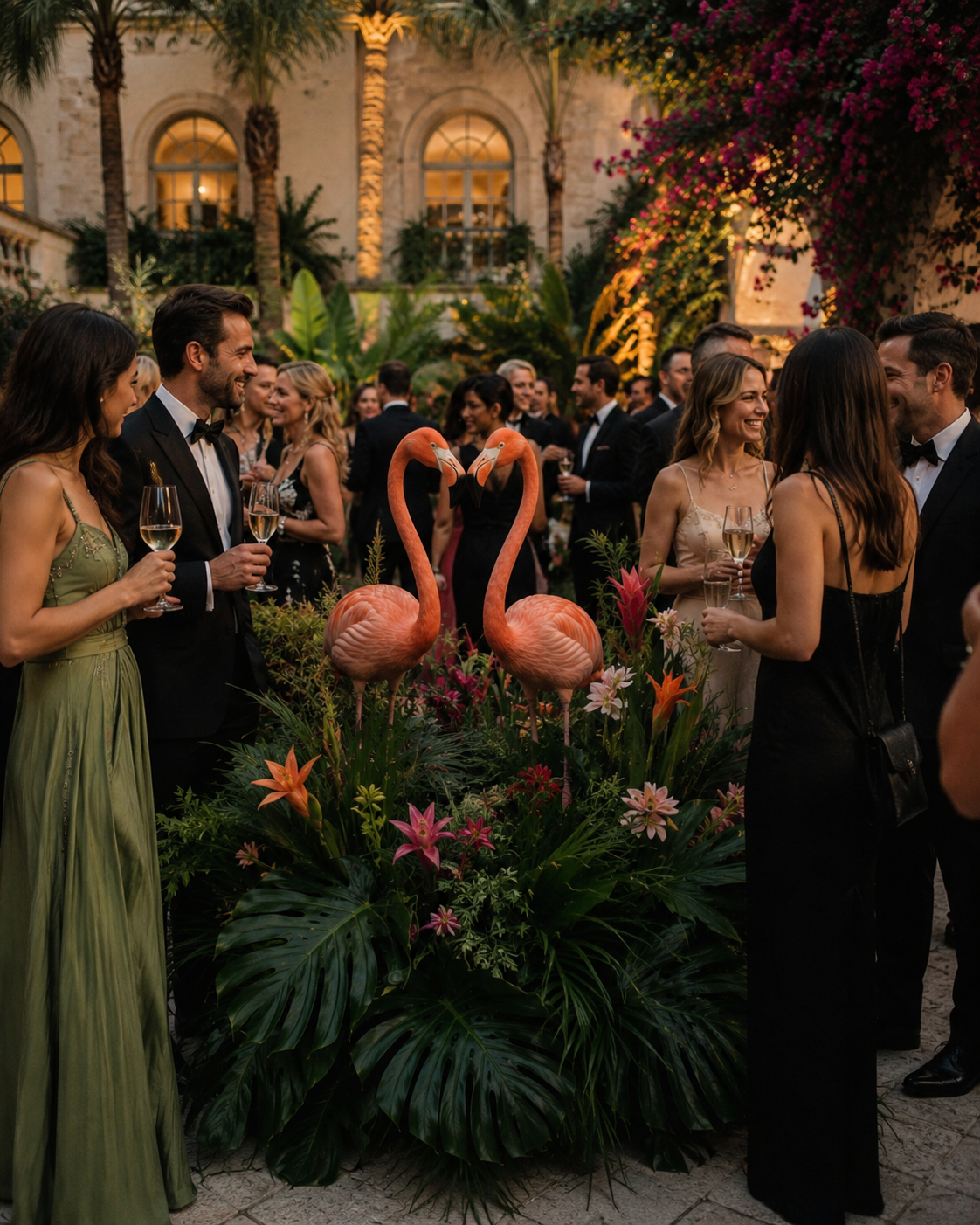 People at a formal outdoor party, dressed in evening wear, standing around a floral arrangement with two flamingos, holding glasses of champagne, with a historic building and lush greenery in the background.