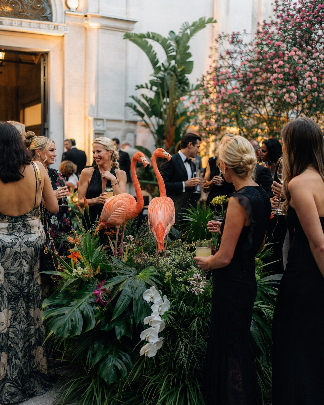 A social gathering with people dressed in formal attire at a lush, outdoor garden party. Pink flamingos and vibrant tropical plants decorate the setting, with women holding drinks and engaging in conversation.