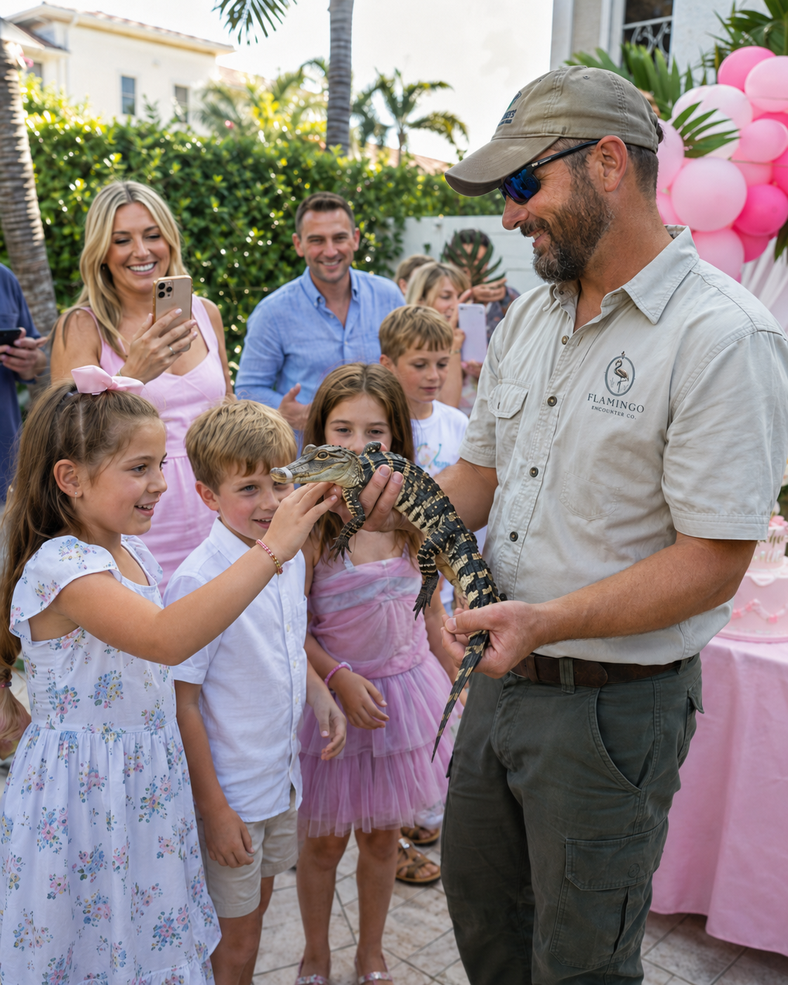 A man holding a baby alligator with children gathered around at a party with pink balloons and greenery in the background.