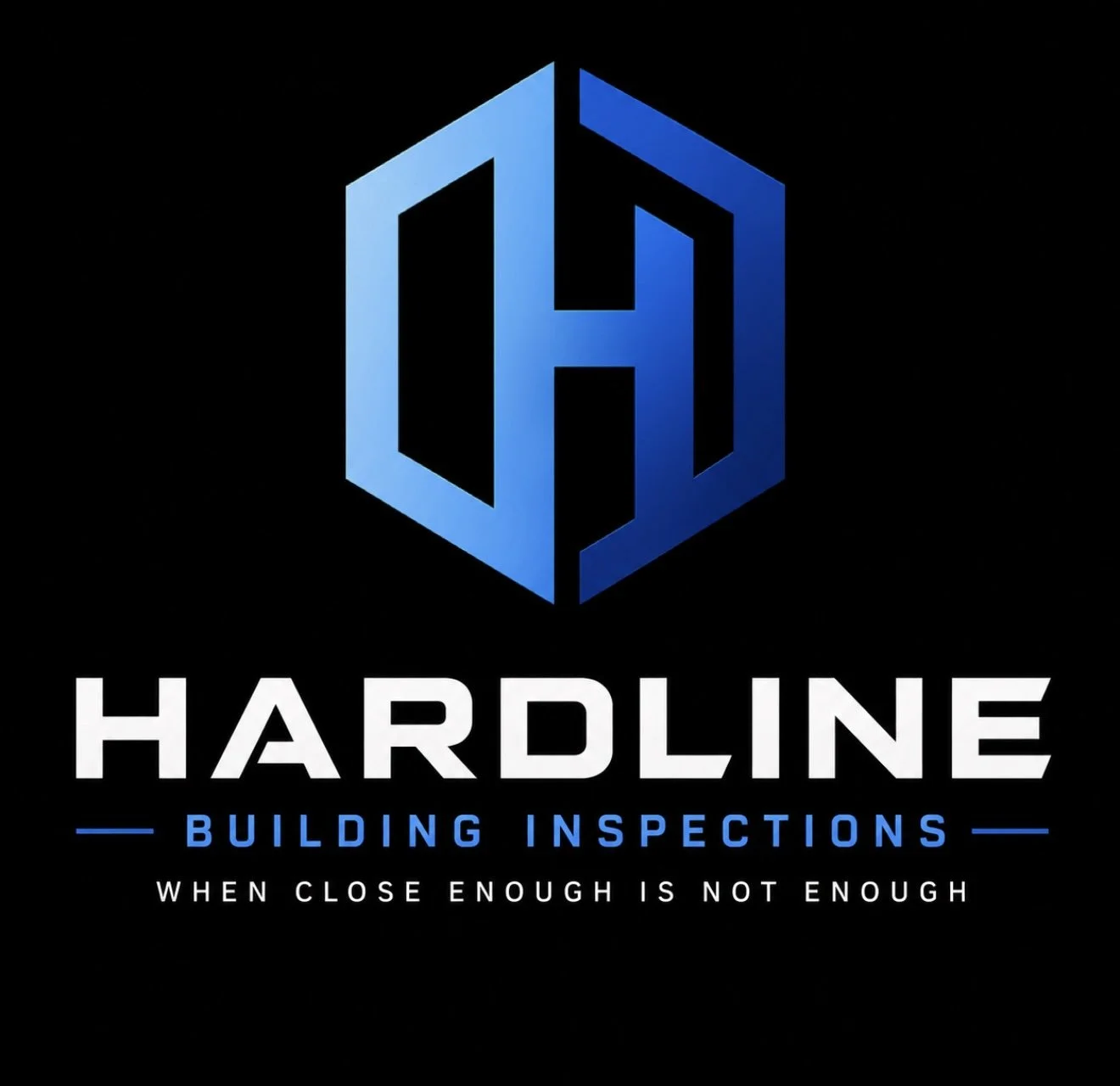 Hardline Building Inspections logo with a 3D geometric design in blue and black background, and the text 'HARDLINE' in bold white letters, 'BUILDING INSPECTIONS' in smaller blue letters, and a tagline 'When close enough is not enough'.