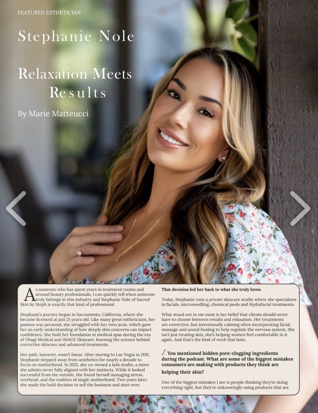 Magazine cover featuring a smiling woman with blonde hair, wearing a floral top and jewelry, leaning against a wall with greenery in the background, promoting an article about Stephanie Nole.