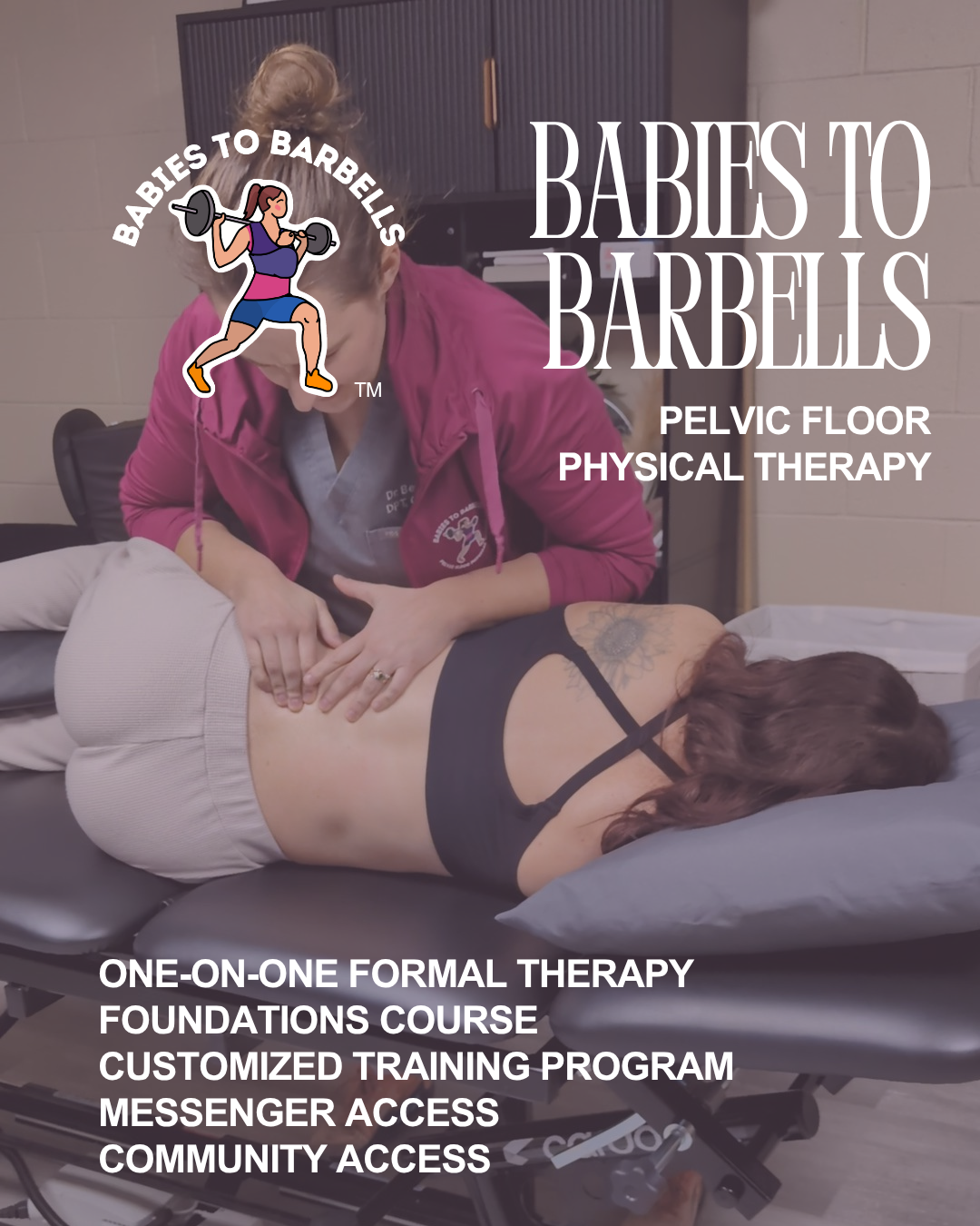 A woman receiving pelvic floor physical therapy while lying face down on a treatment table, with a therapist performing a manual therapy technique.