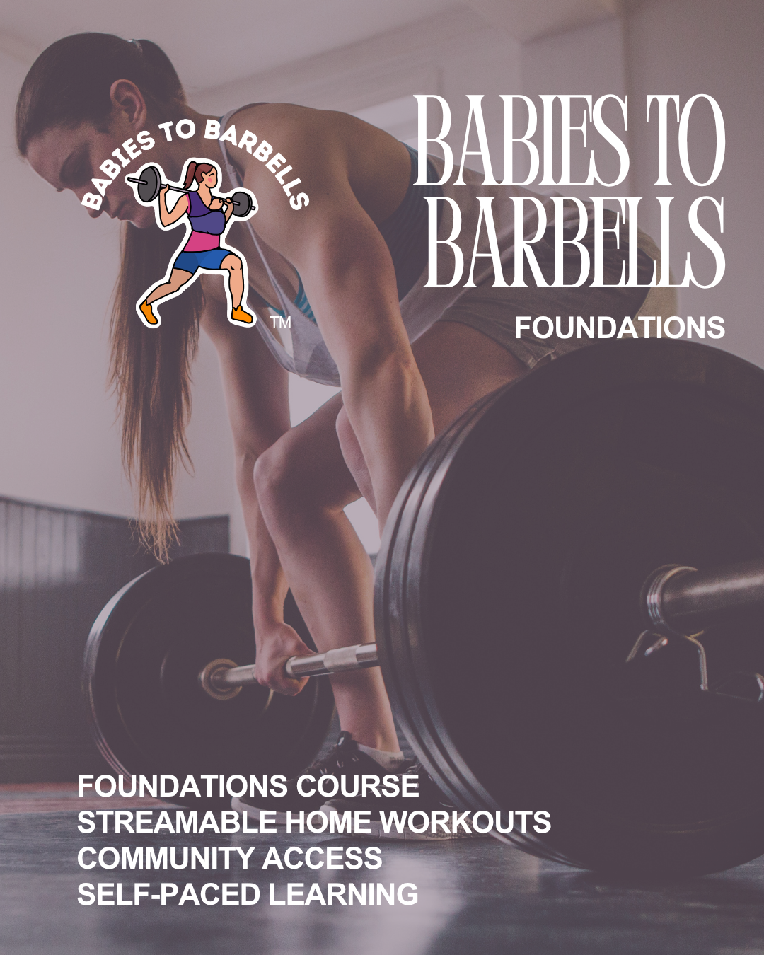 A woman lifting a barbell in a gym under soft natural lighting, promoting Babes to Barbells Foundations workout program, featuring course details including streamable at-home workouts, community access, and self-paced learning.