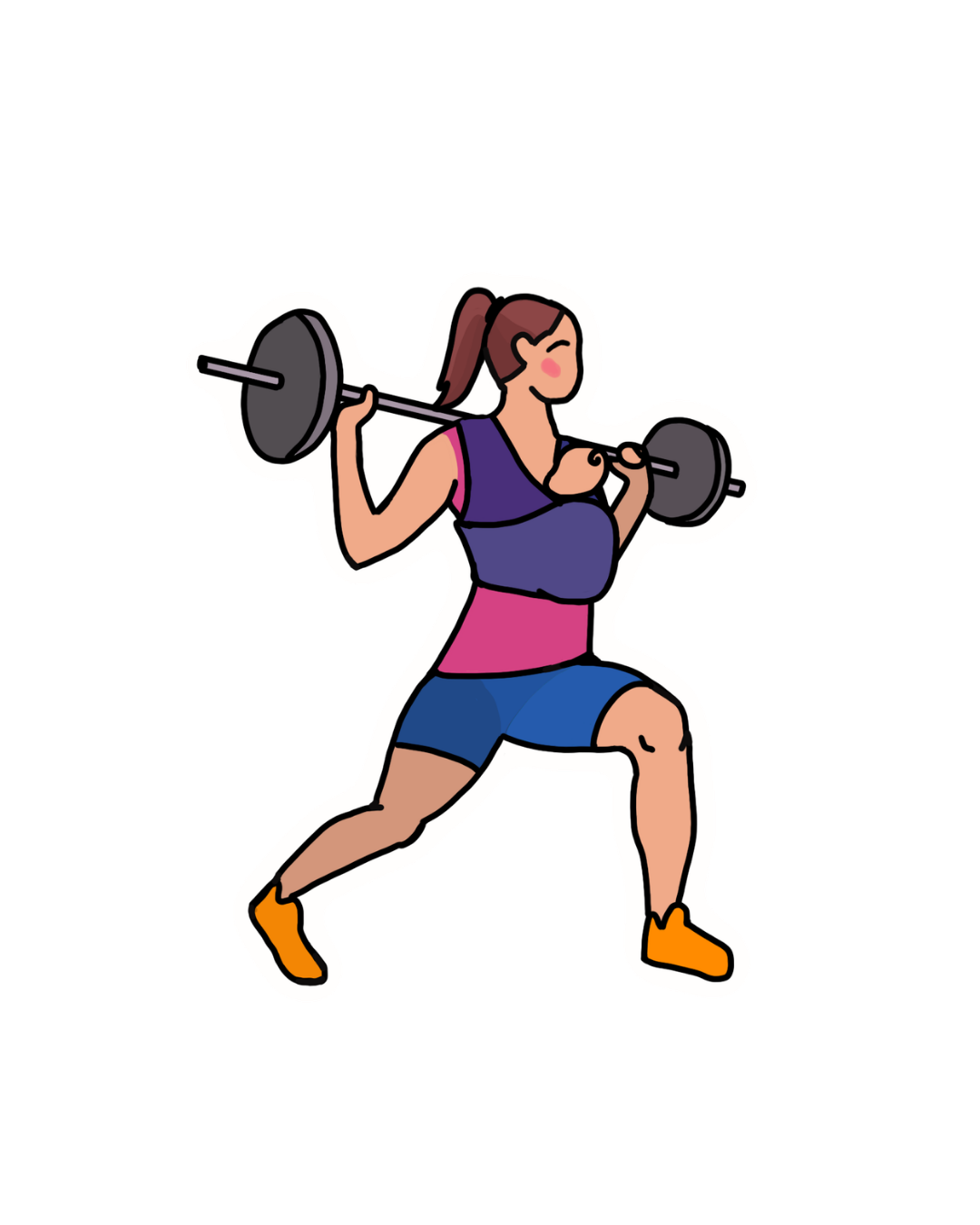 Cartoon woman doing a lunging exercise with a barbell on her shoulders.