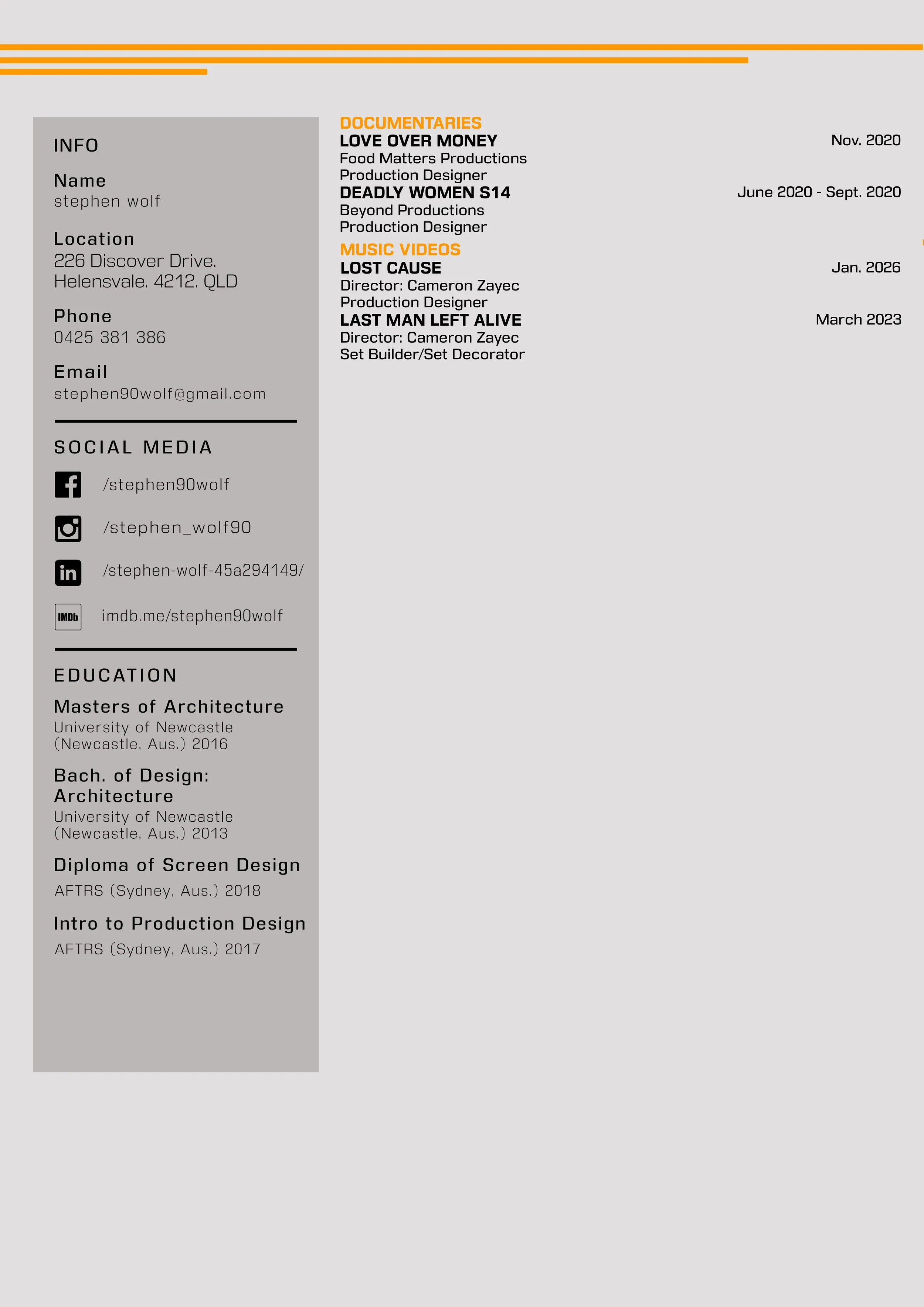 A colorful, modern resume layout with sections for personal info, social media, education, and a list of documentary and music video projects. The design features orange lines at the top and a gray left sidebar with black text.