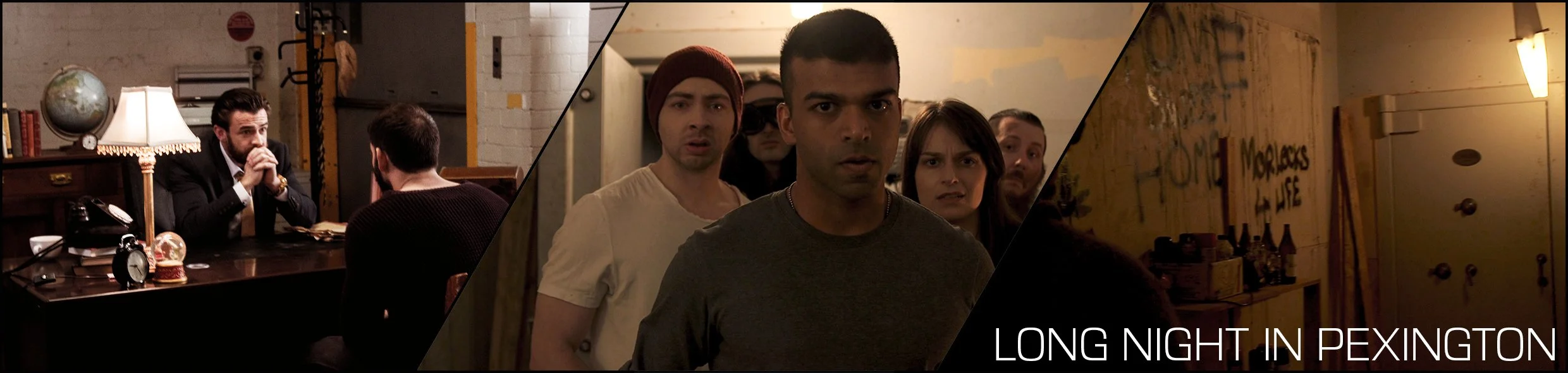 Three scenes from the TV show 'Long Night in Pexington' featuring characters in an office, hallway, and basement.