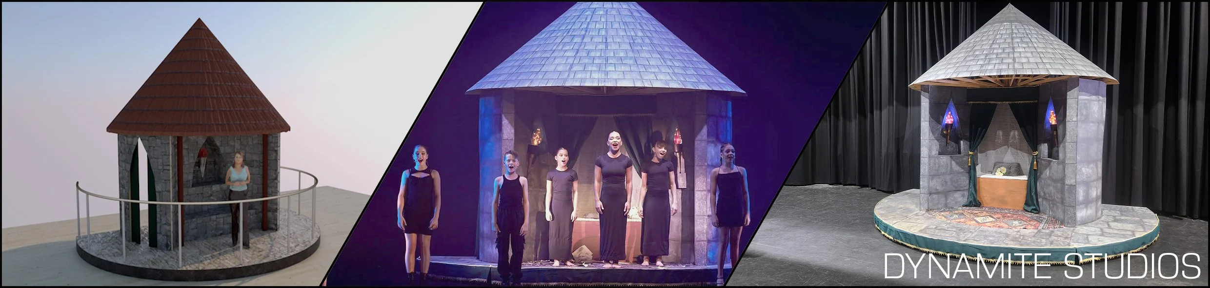 Images of miniature theatrical sets on stage, resembling small stone structures with conical roofs, used for performances or scenic displays.