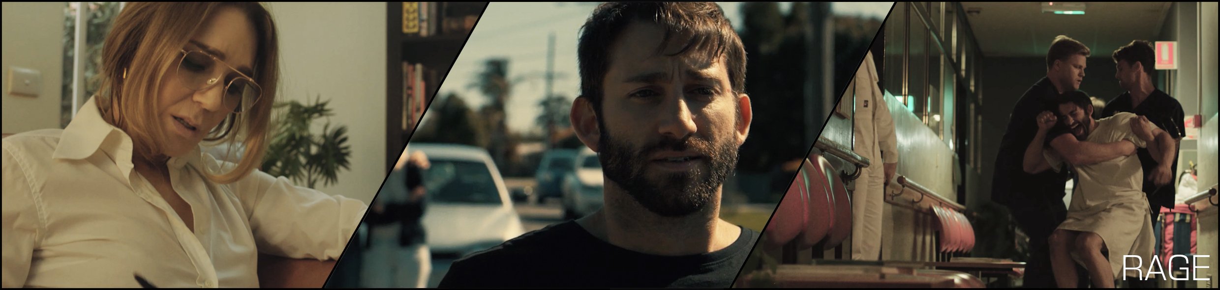 A split-screen image with three scenes: on the left, a woman with glasses, looking down; in the middle, a man outdoors with a serious expression; and on the right, two men fighting inside a building, with one grabbing the other by the neck.