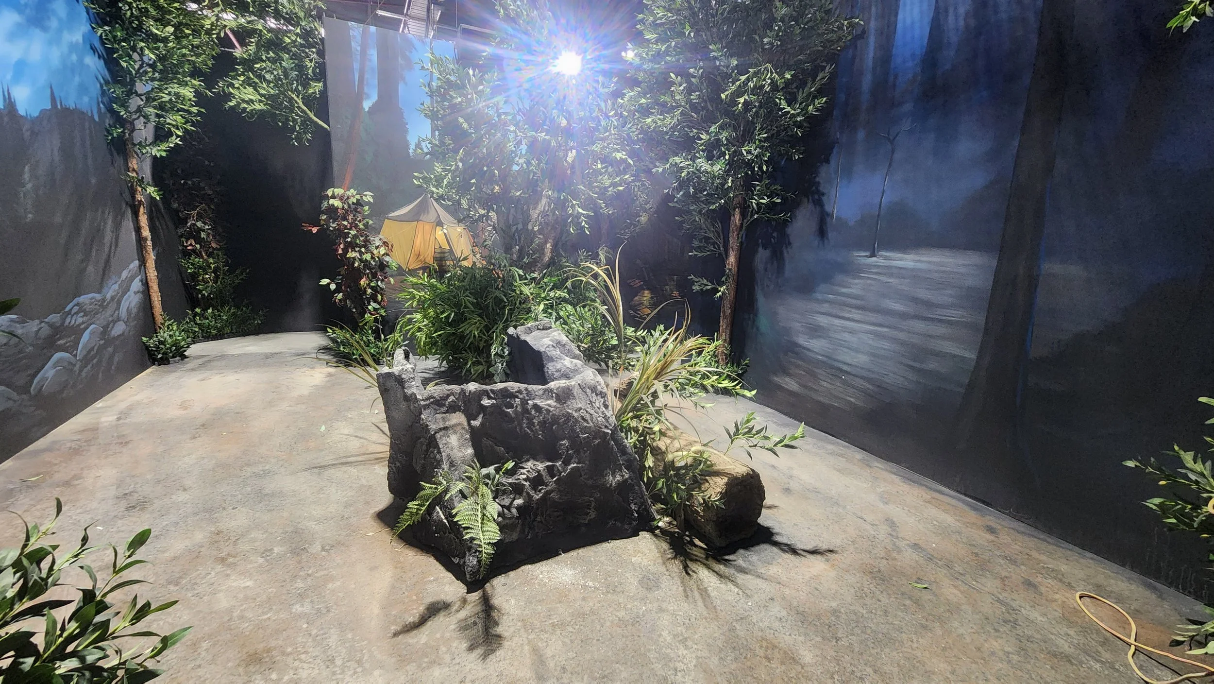 Indoor exhibit of a natural landscape scene with painted walls depicting trees and water, a small tent, and various artificial plants and rocks with a bright overhead light.