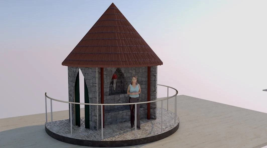 A small stone and wood tower with a conical red roof, a person standing inside, and a rock climbing wall.