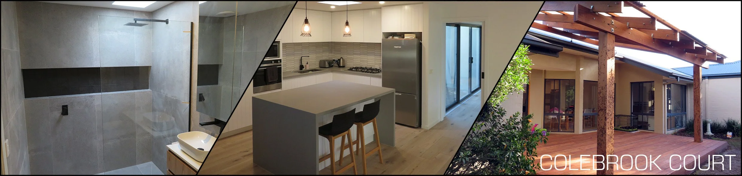 Collage of three images showing interior and exterior views of a house. The first image shows a modern bathroom with gray tiled walls and a walk-in shower. The second image shows a kitchen with white cabinets, a kitchen island, and a breakfast bar with two black stools. The third image shows an outdoor patio area with wooden beams and a covered pergola, and a view of the house's exterior with large windows and sliding glass doors.