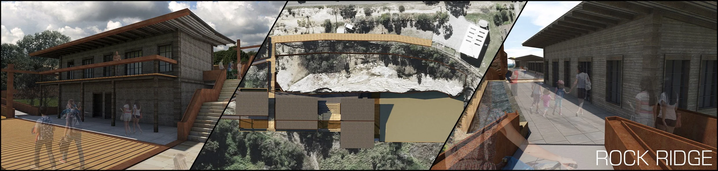 An architectural design rendering of a multi-level wooden building with outdoor terraces, stairs, and surrounding greenery, titled 'Rock Ridge'.