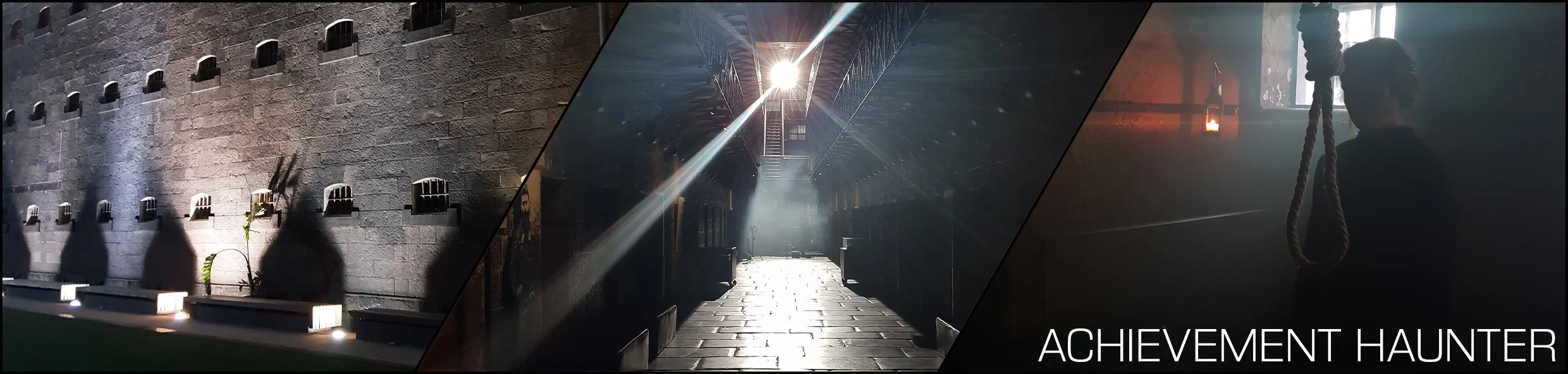 Collage of three images: a stone wall with small black wall vents and shadows cast by plants; an empty, sunlit alley with brick pavement and metal railings; a person with a ponytail in a dark room with a rope and a lantern, with the text "Achievement Haunter" at the bottom.