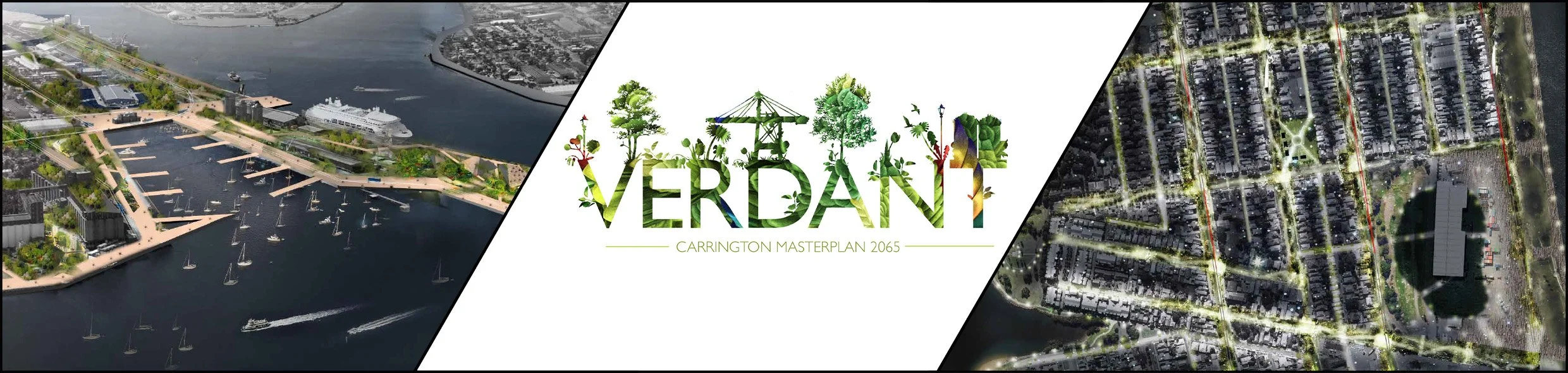 A digital graphic design featuring an aerial view of a city with water and boats on the left, the Verdant logo with trees and plants in the center, and a grid of city streets and a parking lot on the right.