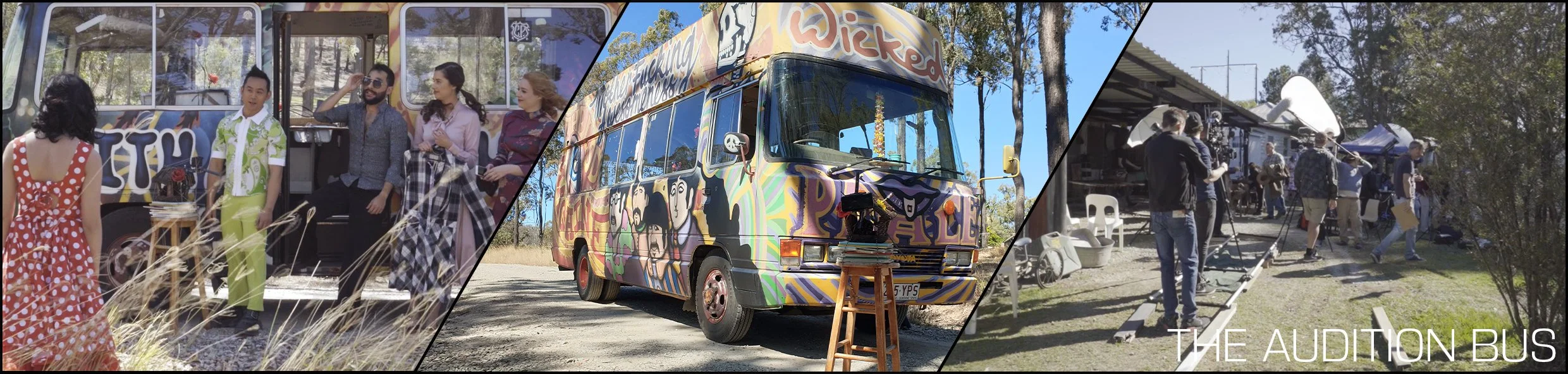 A colorful psychedelic mural-painted bus, an outdoor film set with crew, and a group of people near a bus labeled 'The Audition Bus.'