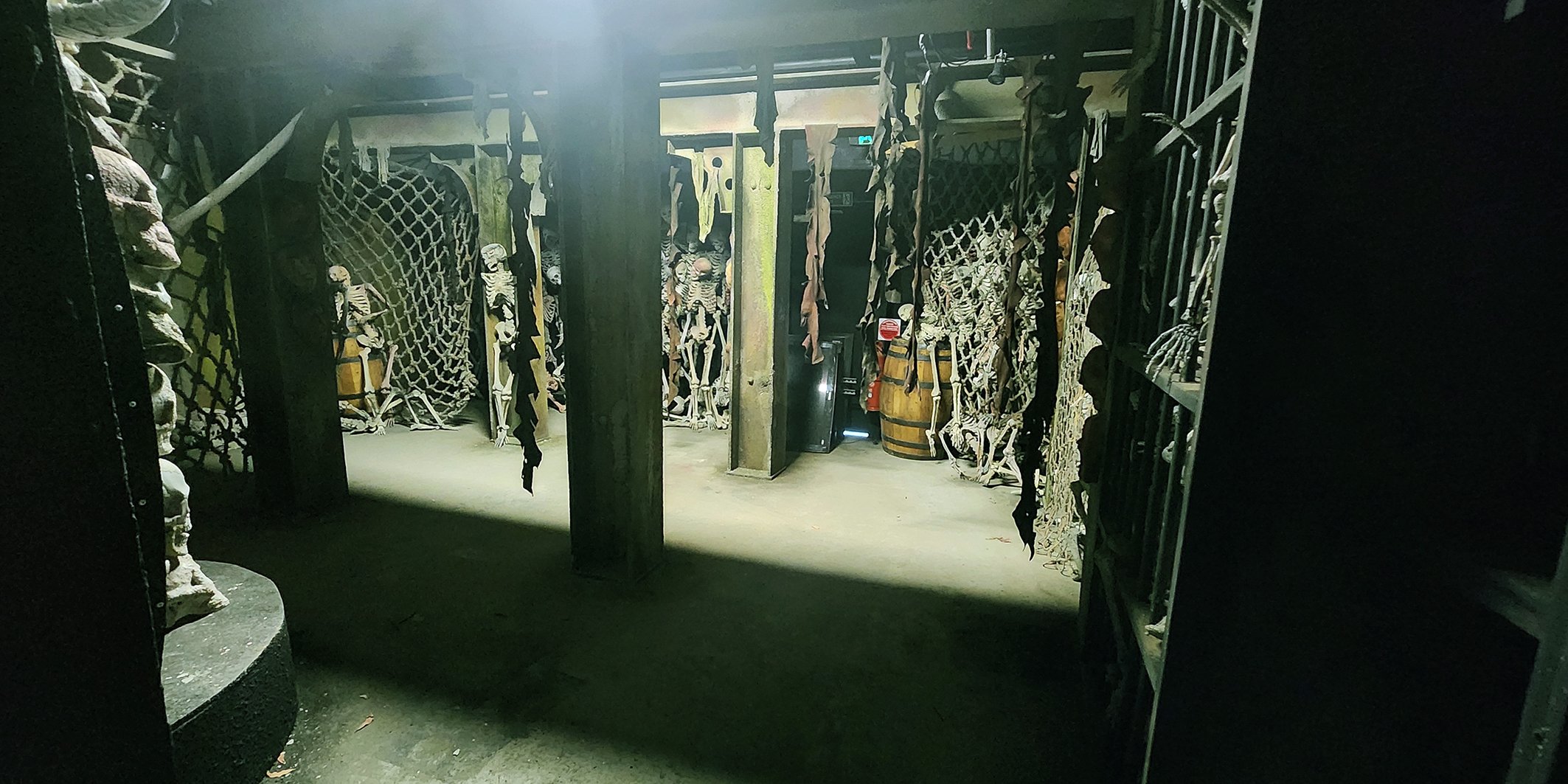 Skinny human skeletons and skulls stacked and hanging in a dark room, resembling a haunted house or spooky display.