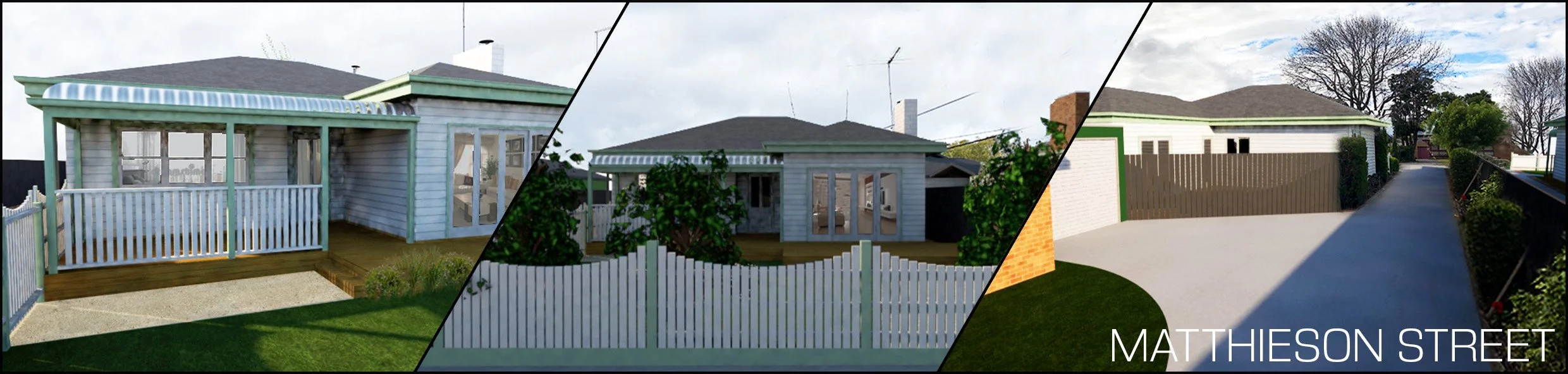 Composites of three images showing a backyard with a white brick house, wooden deck, and a fence, from different angles. The third image has a street view with the house's backyard visible, labeled 'Mattieson Street'.
