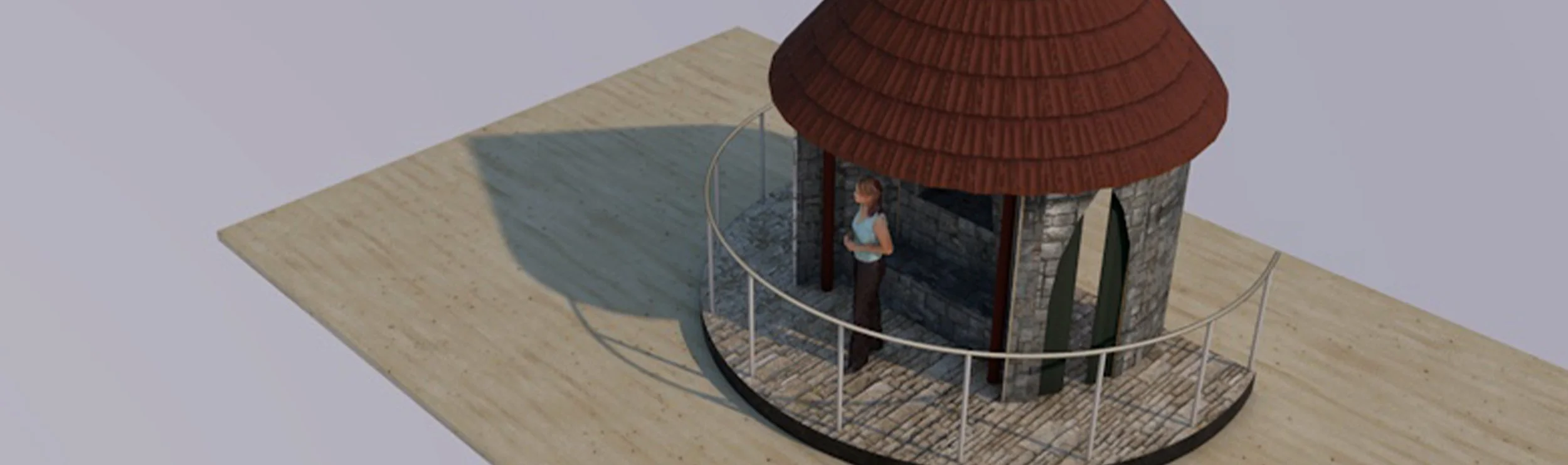A small stone and wood circular structure with a red shingled dome roof and a wrap-around metal railing, with a woman standing inside looking outward.