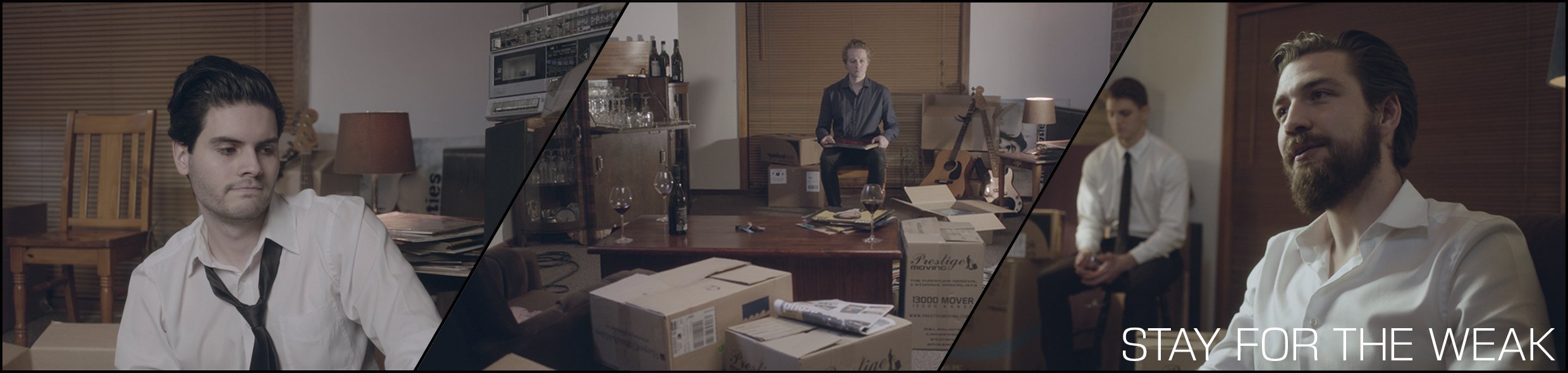 A collage of three scenes from a movie or TV show, showing men in formal or business casual attire in various indoor settings with boxes, alcohol bottles, and musical instruments, and the text "STAY FOR THE WEAK" at the bottom.