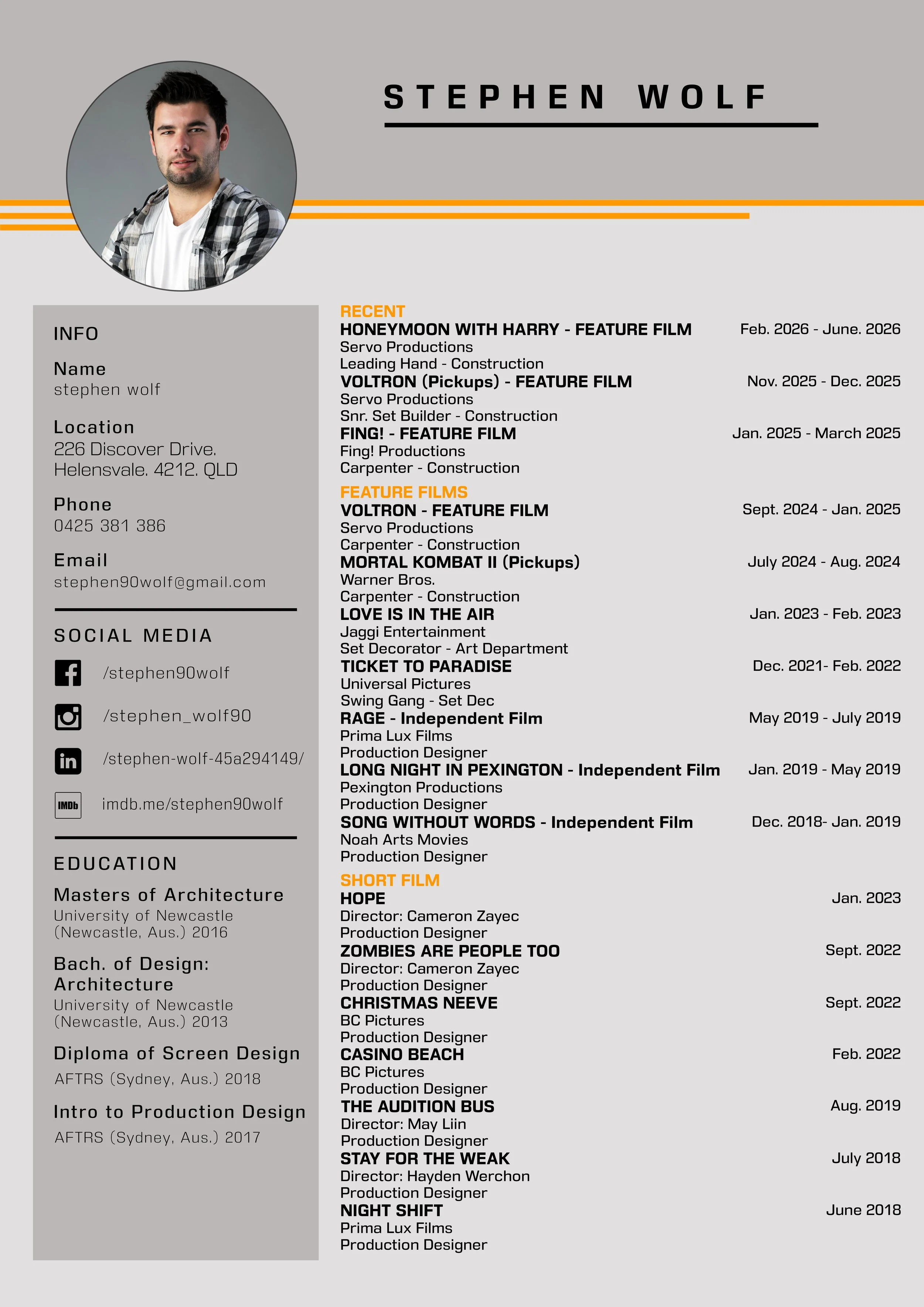 A resume or CV belonging to Stephen Wolf, showcasing personal information, education, and a list of film projects with titles, roles, production companies, and dates, organized into sections.
