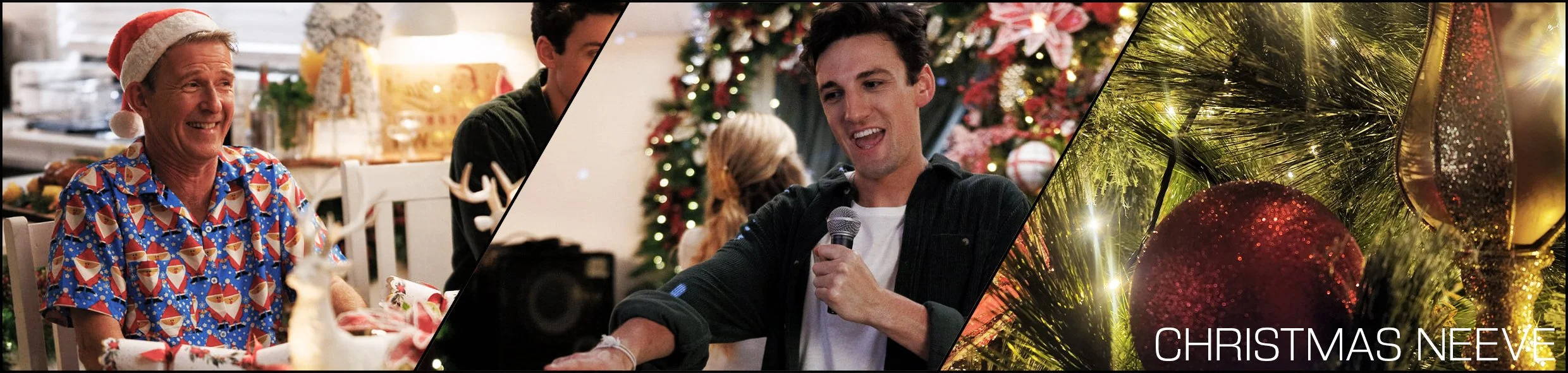 Three images depicting Christmas scenes: one of a man in a Christmas sweater and Santa hat, another of a man giving a speech with a Christmas tree in the background, and the third of decorated Christmas ornaments on a tree with the text 'Christmas Neeve' overlayed.