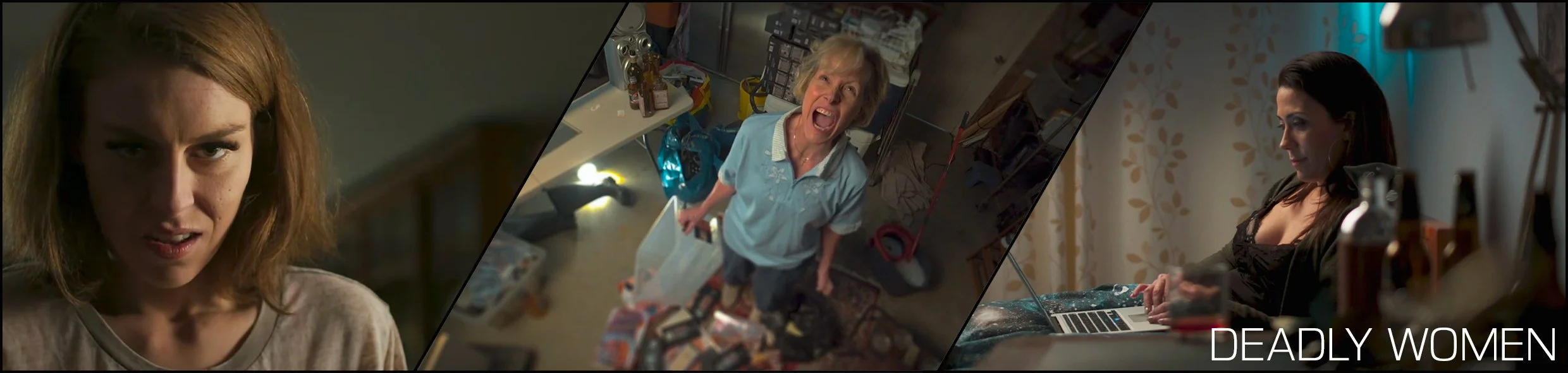 Collage of three women: a concerned woman with red hair, an angry woman in a cluttered room, and a woman working on a laptop, with the words 'Deadly Women' at the bottom right.