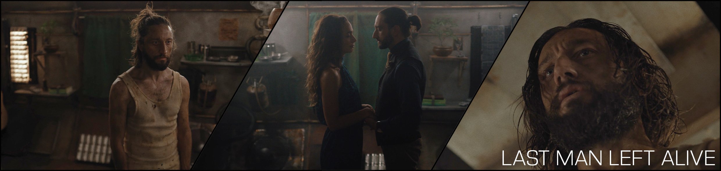 A collage with three scenes from the movie "Last Man Left Alive": the first shows a man with long hair and a dirty tank top standing in a rundown room, the second shows a man and woman facing each other and holding hands in an industrial-looking space, and the third shows a close-up of a man with long, curly hair and a beard lying down with a somber expression, with the text "LAST MAN LEFT ALIVE" at the bottom.