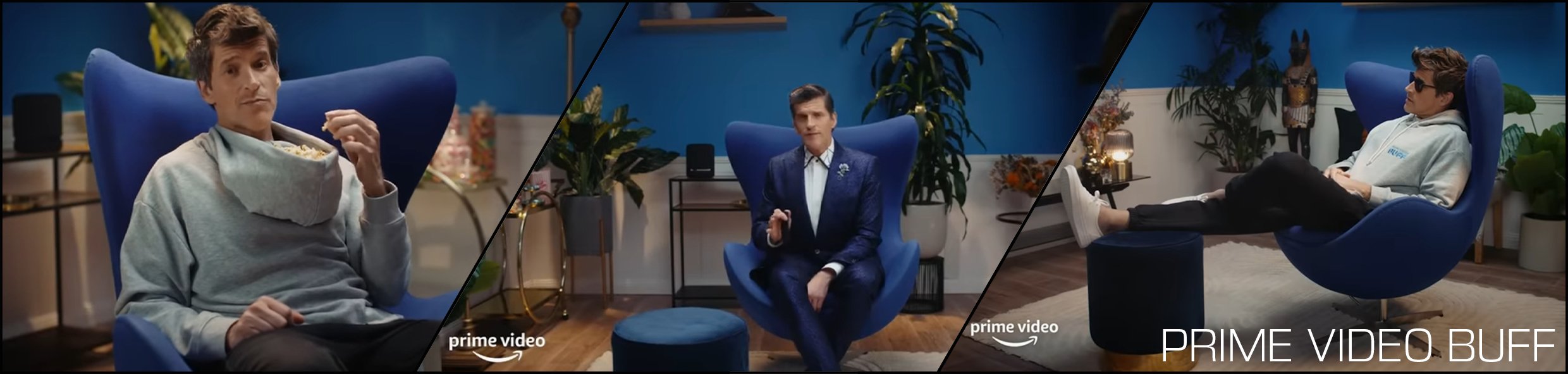 Three people sitting in a blue room with large blue chairs, plants, and decorative items. The first person is a man in a gray hoodie eating popcorn, the second is a woman in a blue suit sitting with legs crossed, and the third is a man in a white hoodie and sunglasses relaxing with feet on a table.