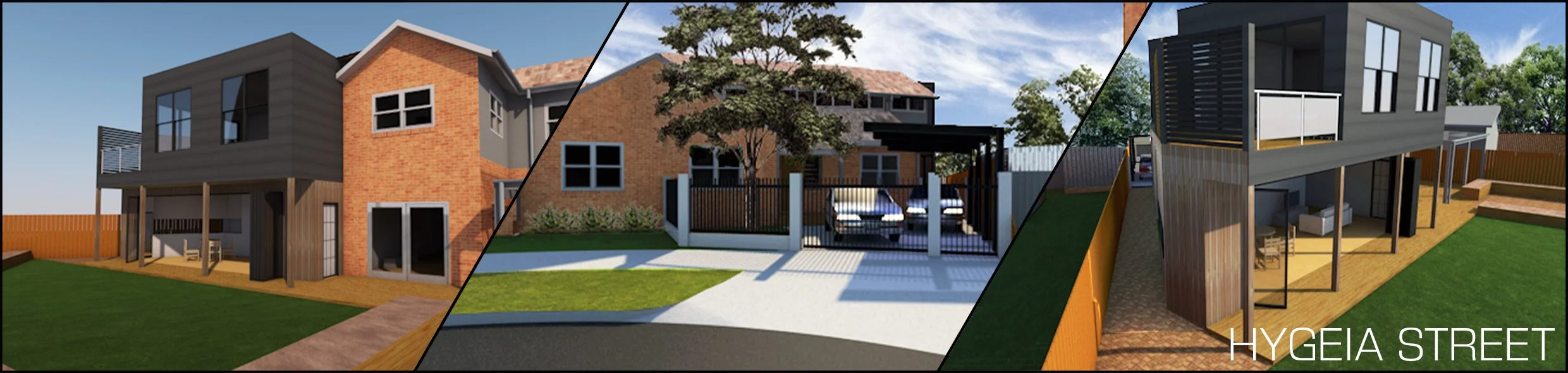 Three images of modern residential houses, one with brick and wood exterior, the second with a gated driveway, and the third with a black and wood facade and balcony, on Hygeia Street.