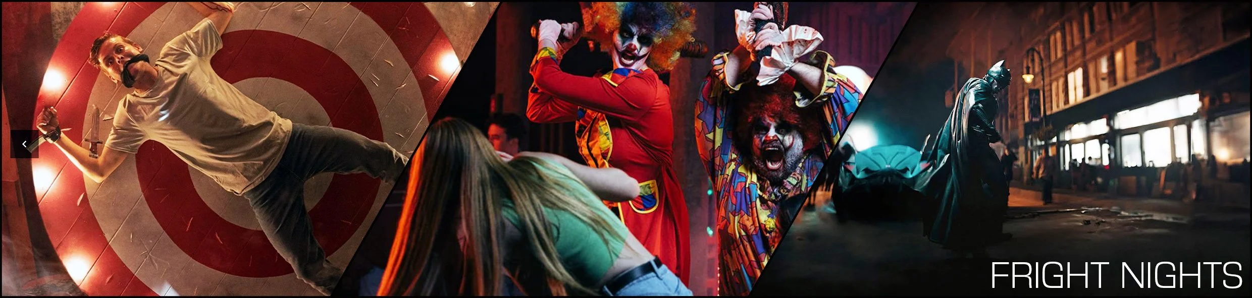 A collage of four scenes from frightening movies, including a person with a gag in a white shirt on a spinning target, creepy clowns, Batman in a dark city street, and a spooky street scene at night, with the words 'FRIGHT NIGHTS' at the bottom.