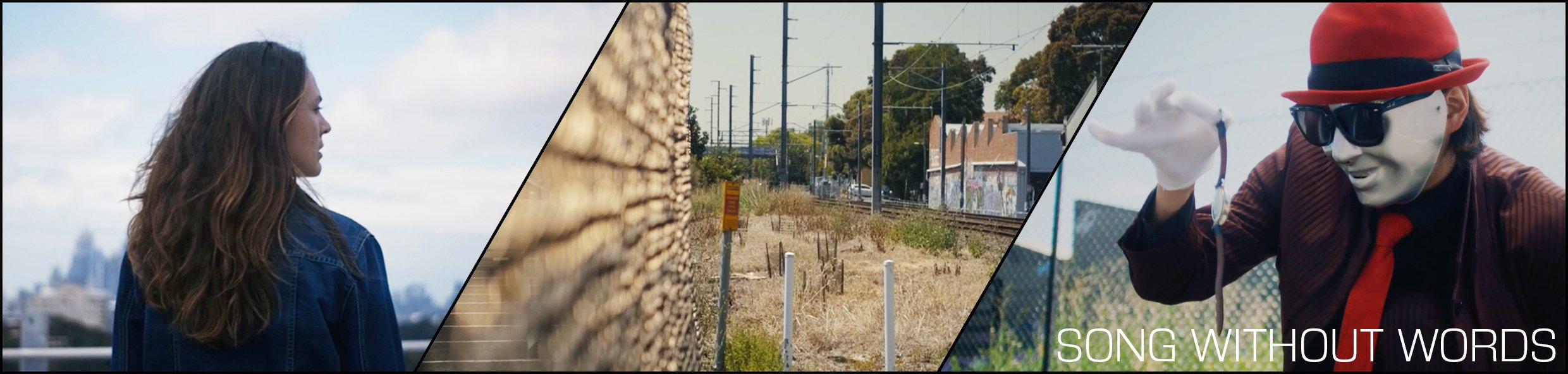 A collage of three images: a woman looking over a city skyline, a train track with power lines and trees, and a mime with a red hat and sunglasses holding a small object, with the text 'Song Without Words' at the bottom right.
