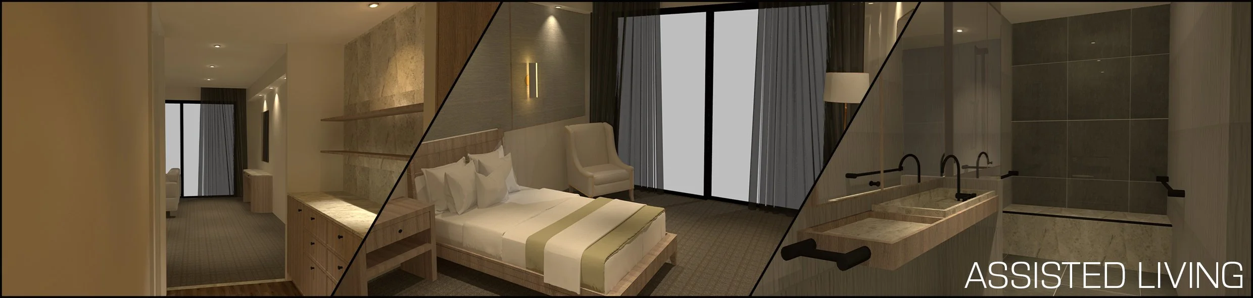 Collage of three images showing a hotel room interior, including a hallway with a sitting area, a bedroom with a bed and a balcony, and a bathroom with a sink. Text overlay reading "Assisted Living".