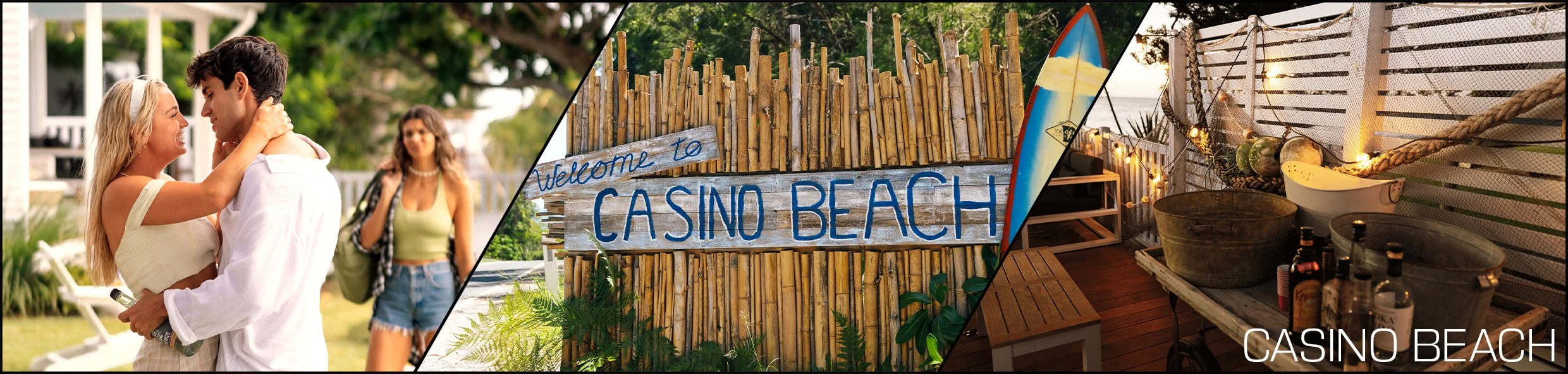 Three images of Casino Beach: a couple smiling and embracing outdoors, a wooden sign saying 'Welcome to Casino Beach' with a bamboo fence and surfboard, and a cozy outdoor area with lanterns and bottles on a table at sunset.