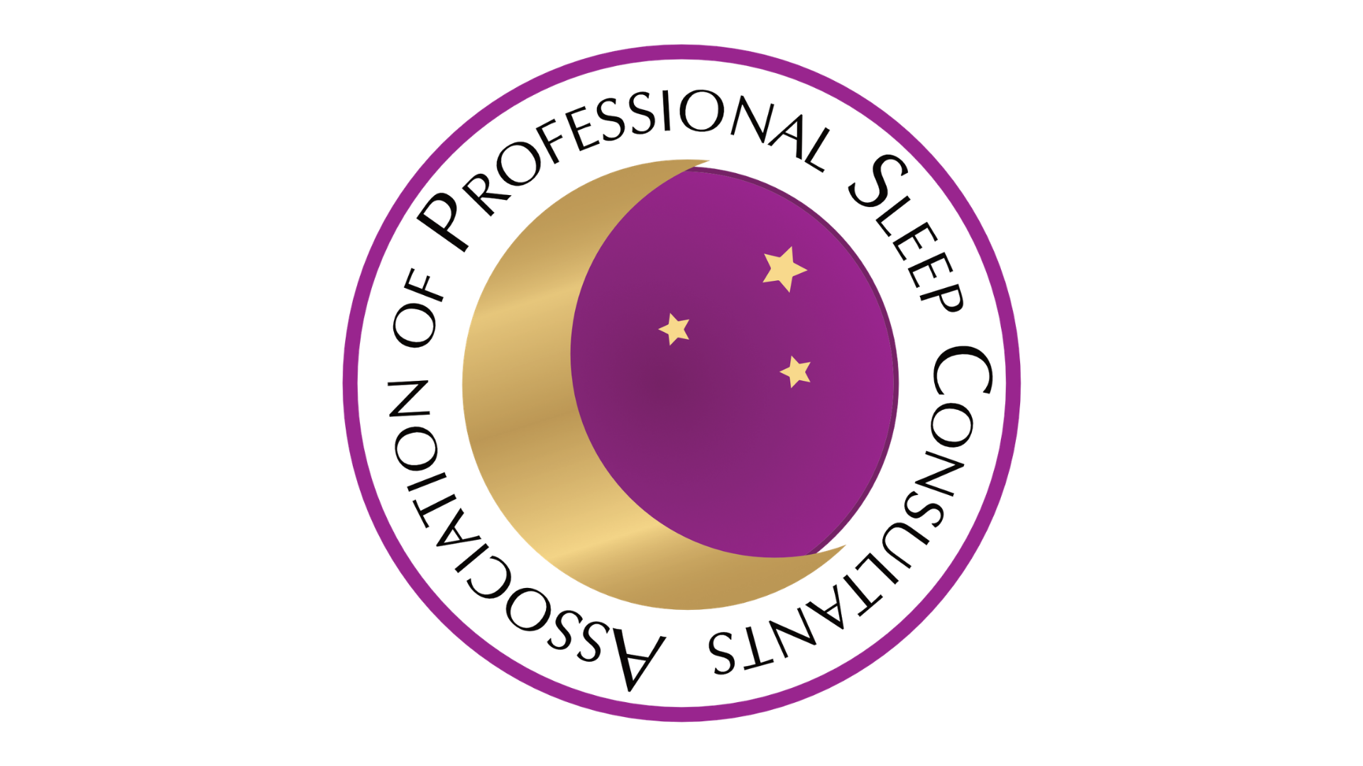A circular logo with a purple background, gold crescent moon, and three gold stars. Black text around the circle reads "ASSOCIATION OF PROFESSIONAL SLEEP COACHES."